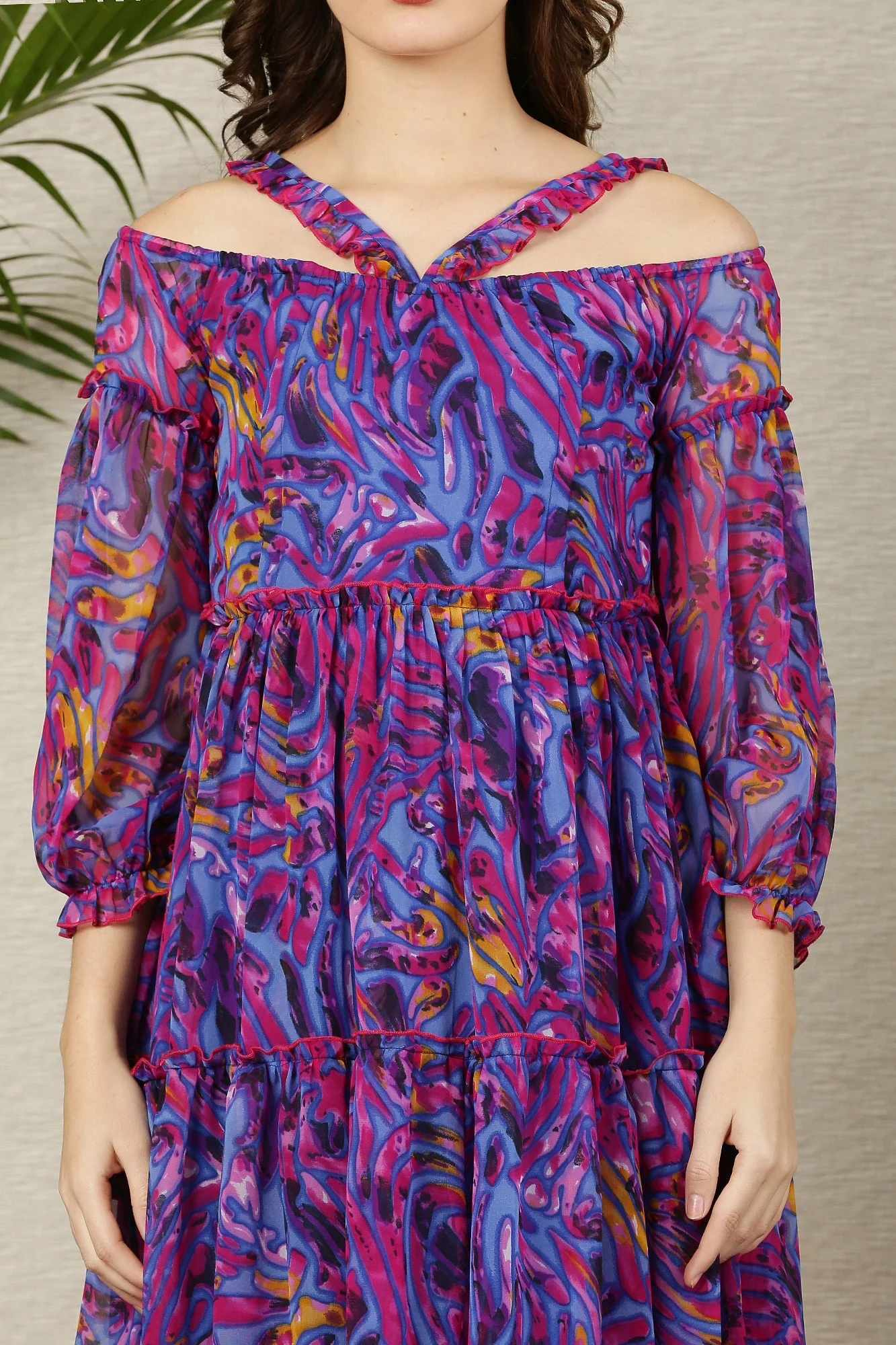 Petite Purple Wave Chiffon Halter Maternity & Nursing Frill Dress - Chenance