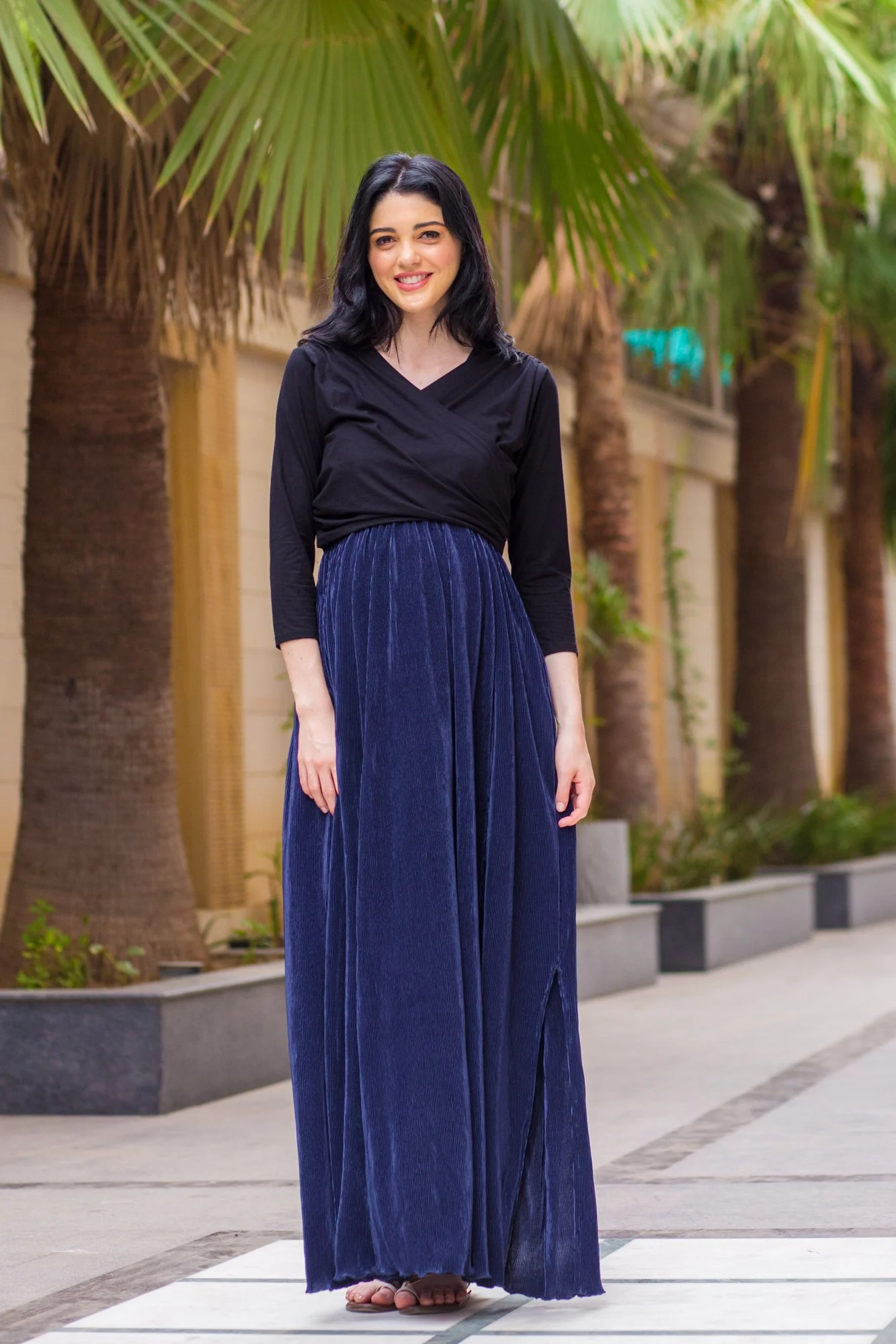 Luxe Navy Pleated & Nursing Wrap Dress - Chenance