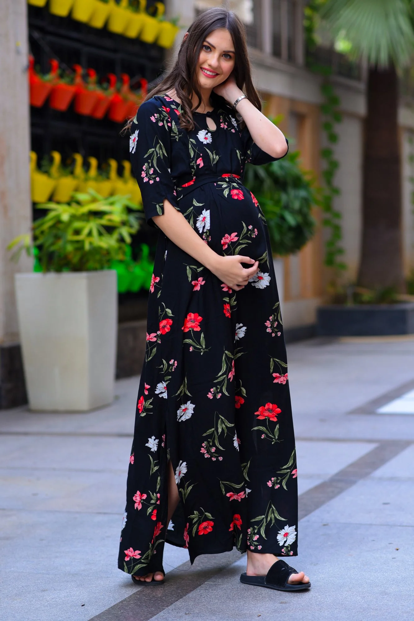 Midnight Side Slit Maternity & Feeding Dress - Chenance