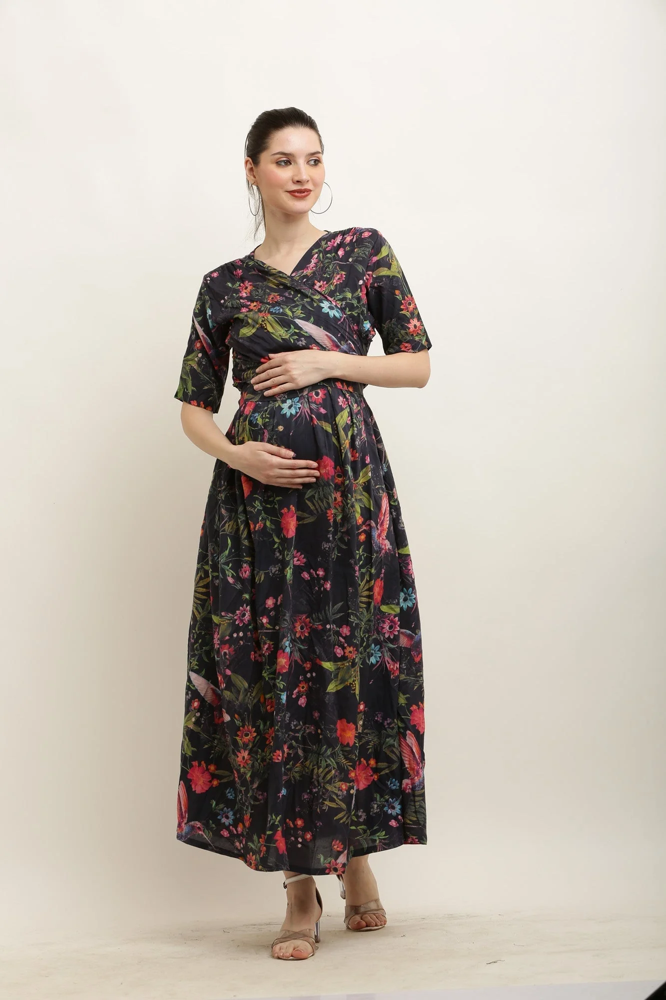 Coal Bundle Of Blooming Fowl Maternity Layered Knot Dress - Chenance