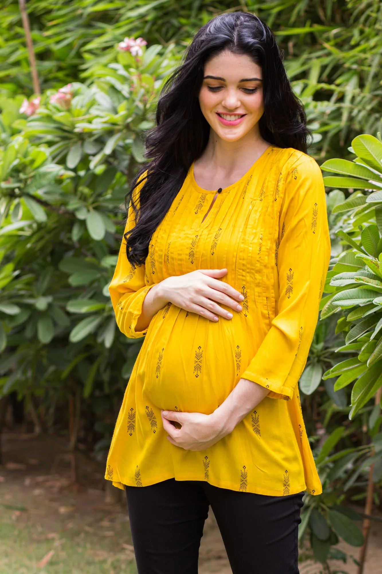 Yellow Printed Maternity & Nursing Concealed Zip Top - Chenance