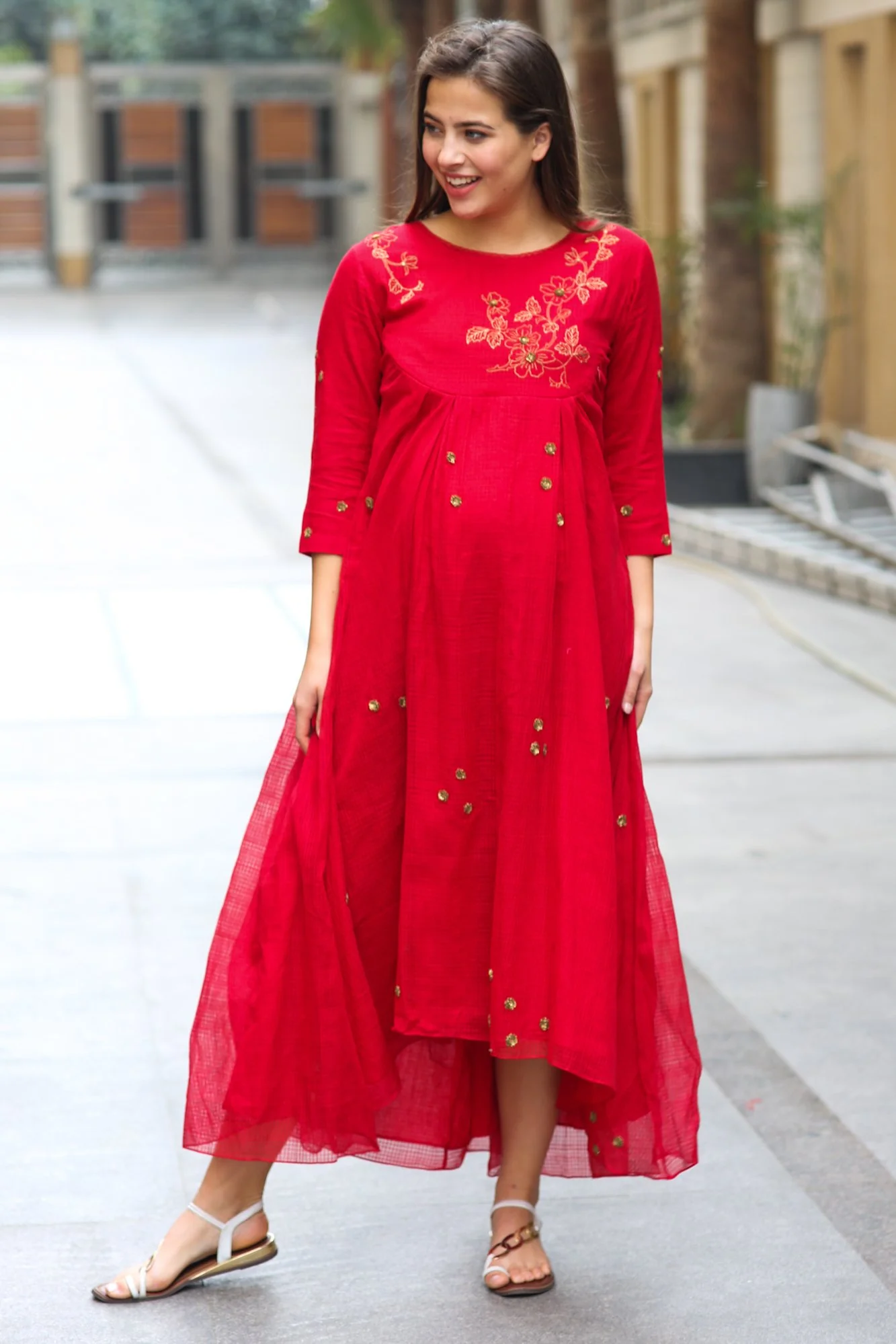 Premium Red Handloom Maternity & Nursing Dress - Chenance
