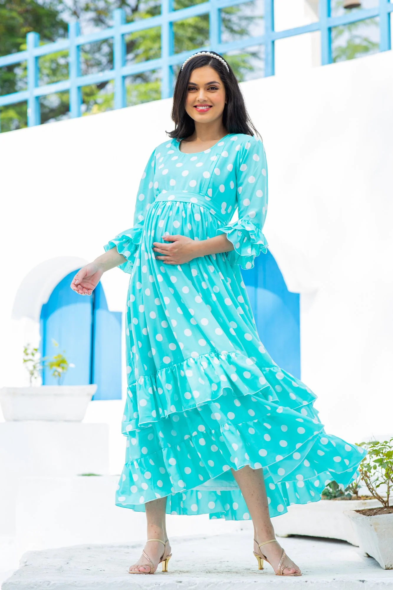 Classic Turquoise Polka Maternity & Nursing Frill Dress - Chenance