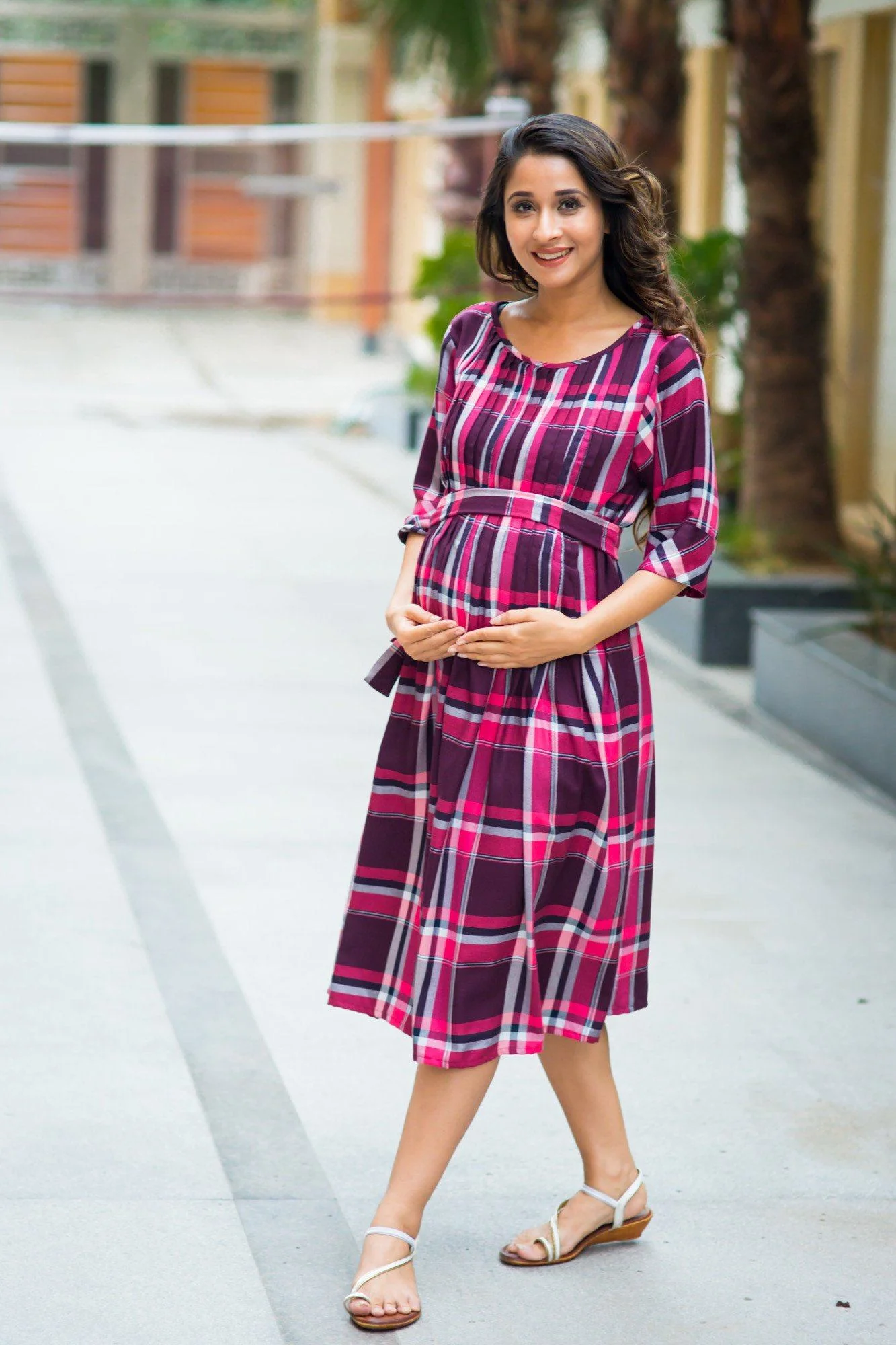 Raspberry Plaid Pintucks Maternity & Nursing Dress - Chenance