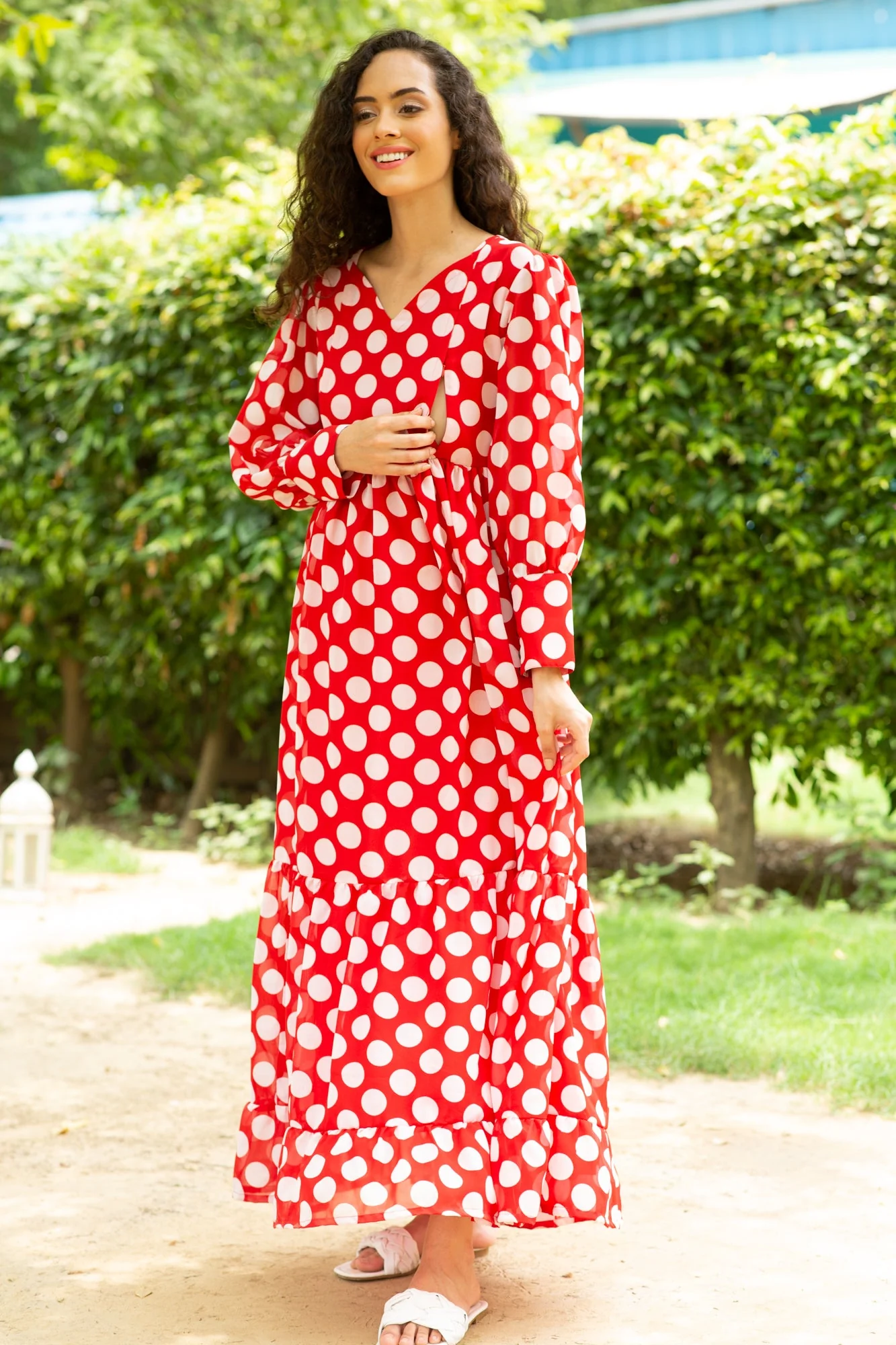 Playful Red Polka Maternity & Nursing Dress - Chenance