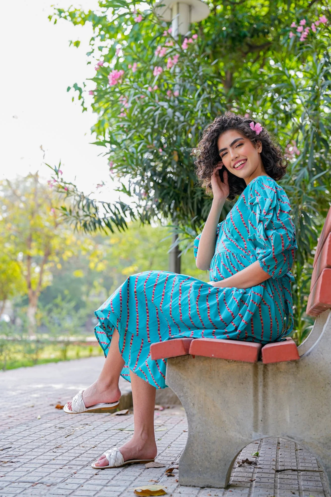 Charming Cerulean Blue Maternity & Nursing Frill Wrap Dress (100% Cotton) - Chenance