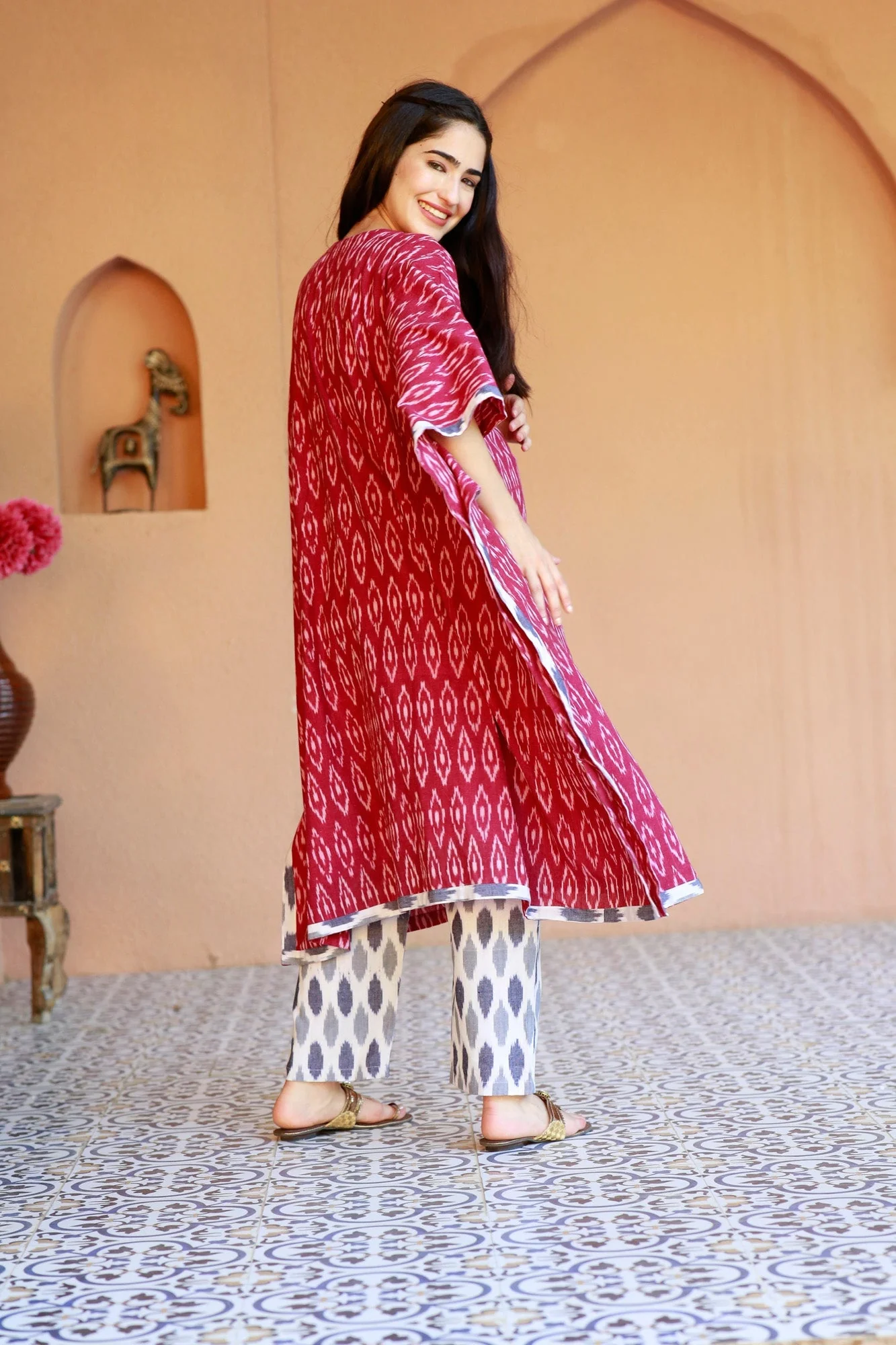 Rouge Ikat Maternity & Nursing Kaftan Set (100% Cotton) - Chenance