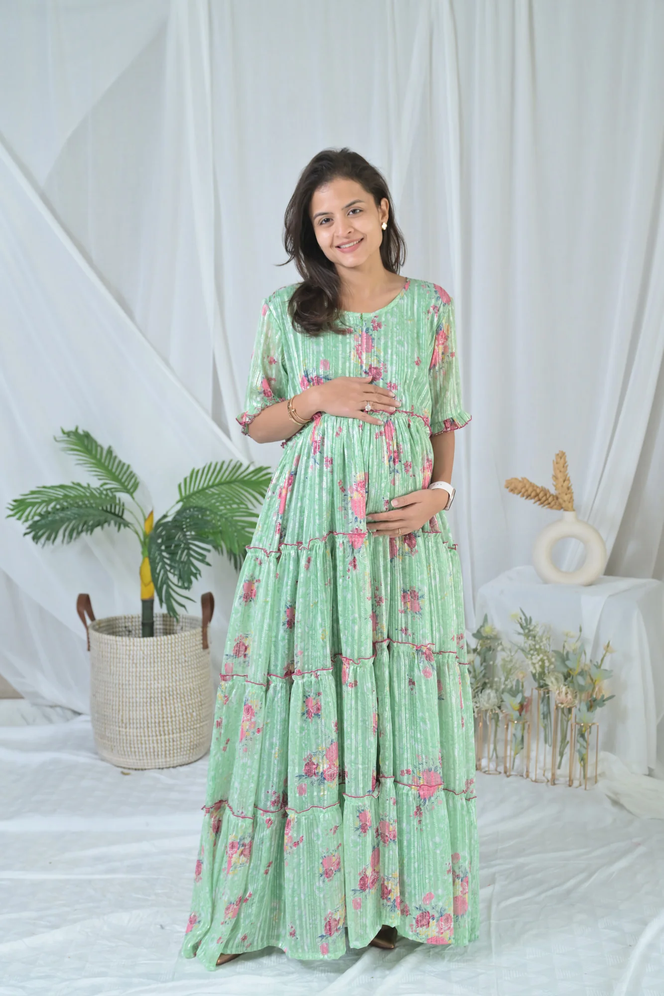 Graceful Mint Green Frill Maternity & Nursing Dress - Chenance