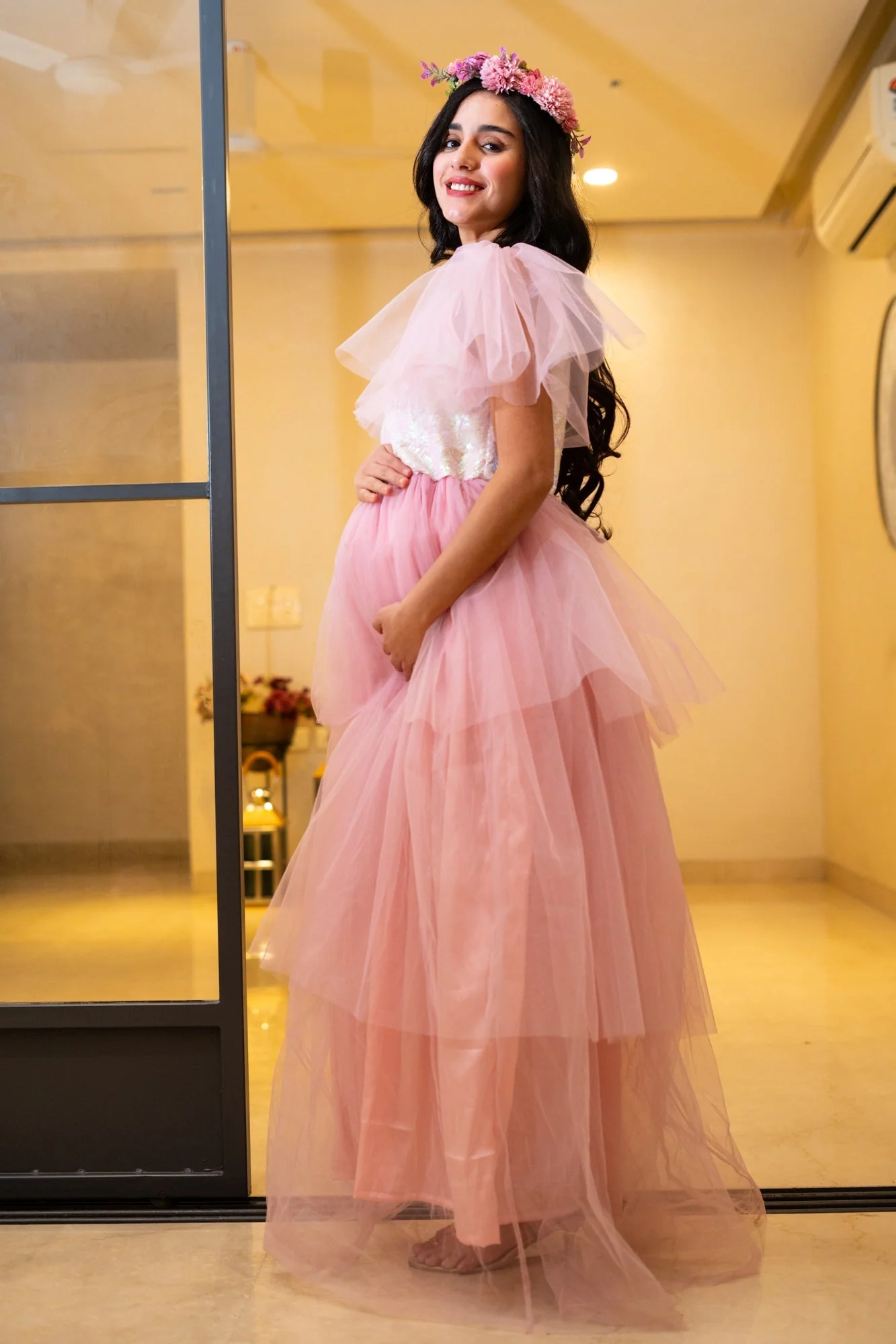 Alluring Blush Pink Maternity Sequence Layered Dress - Chenance