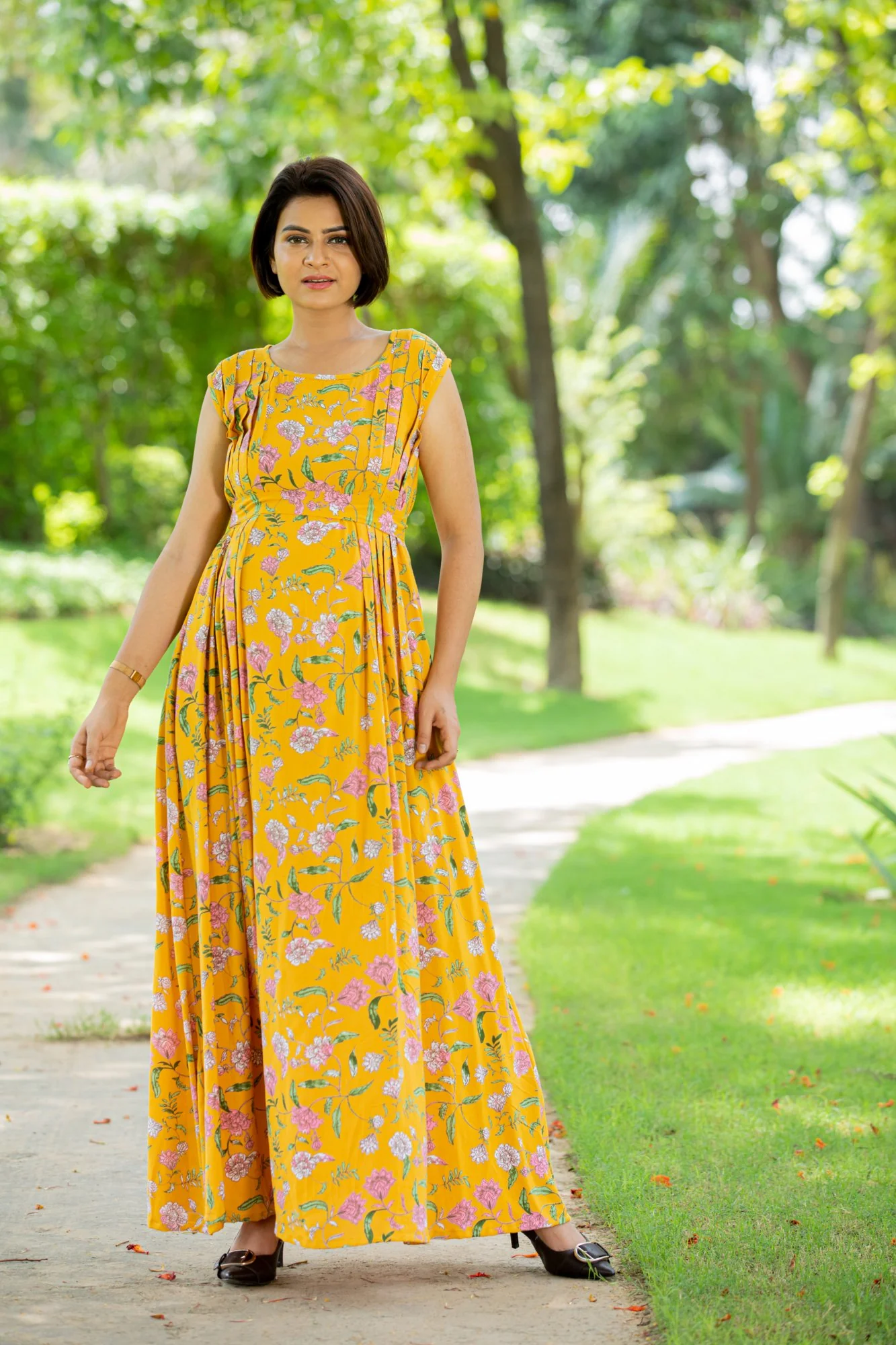 Yellow Lilly Pintucks Concealed Zips Dress - Chenance