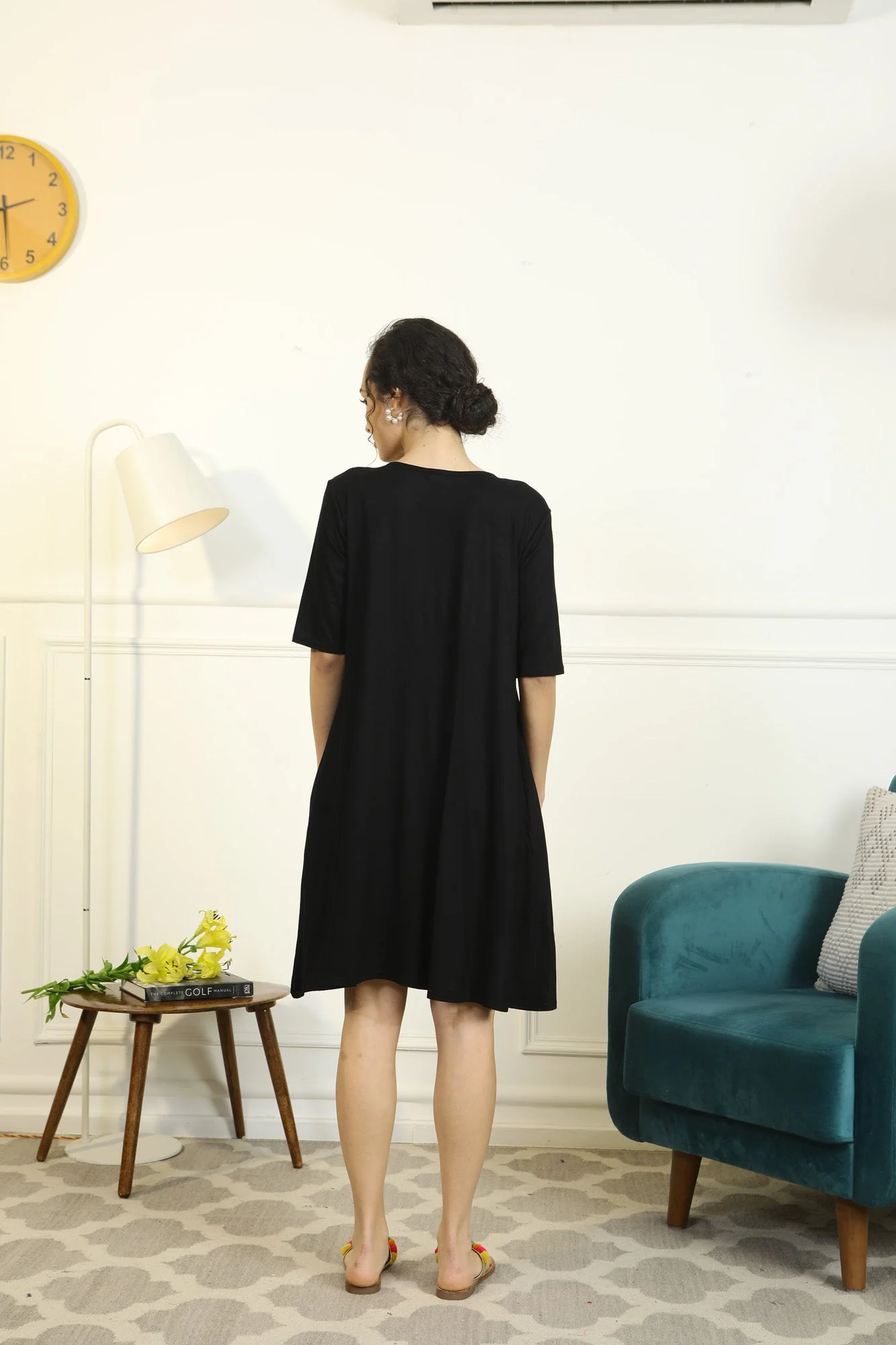 Soft Black Shoulder Snap Maternity & Nursing Night Dress / Delivery Gown/ Lounge Dress - Chenance