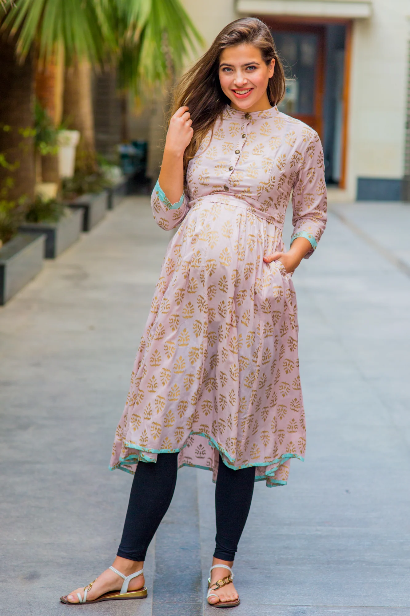 Pastel Pink Gold Block Print Silk Maternity & Nursing Kurta - Chenance