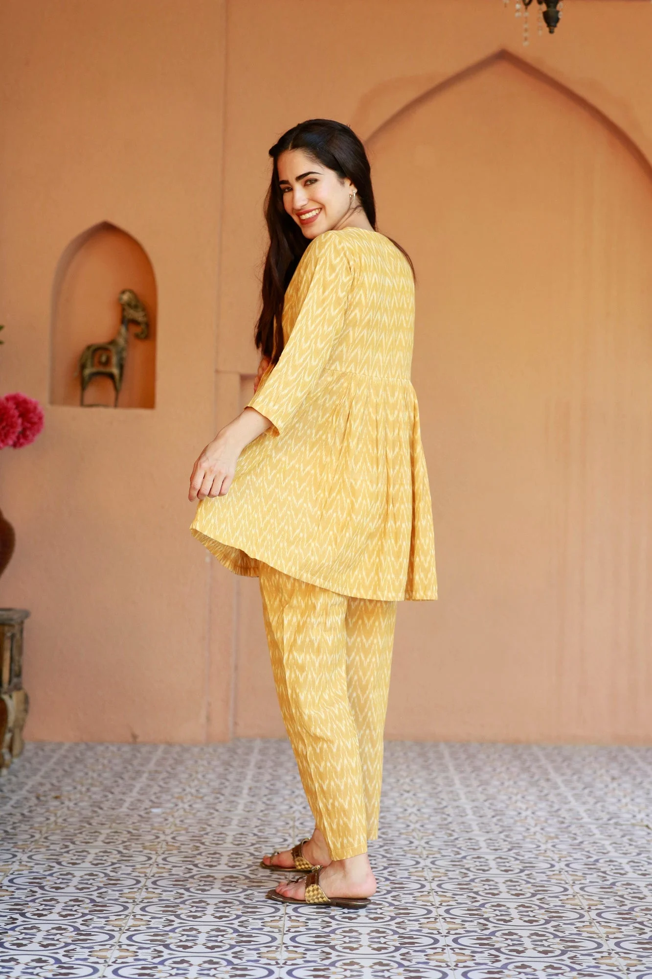 Restful Mustard Ikat Maternity & Nursing Lounge Coord Set (2Pc) (100% Cotton) - Chenance