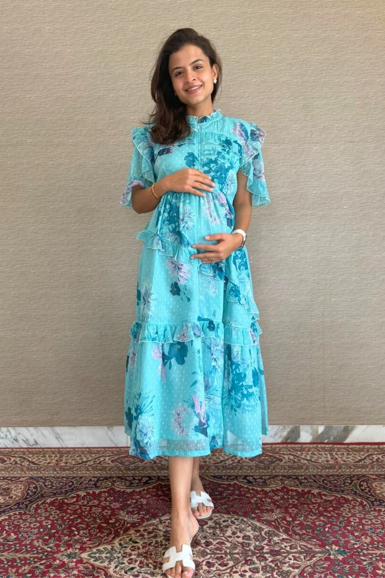 Sea Blue Blooming Maternity & Nursing Frill Dress - Chenance