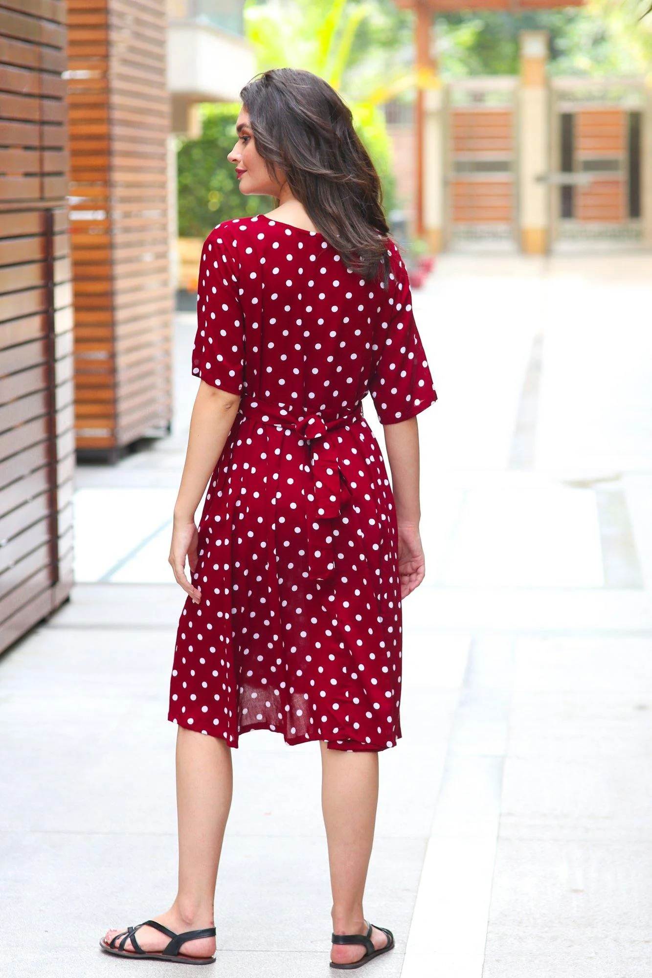 Burgundy Polka Maternity & Nursing Dress - Chenance