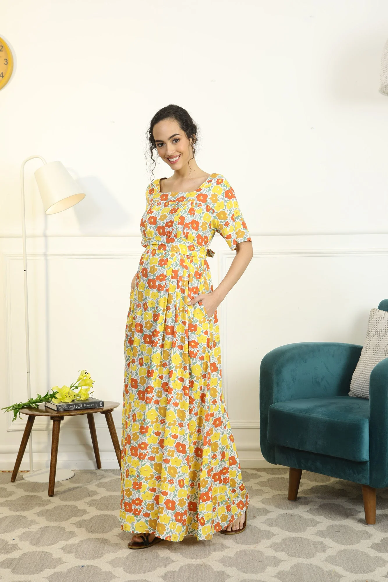 Miami Comfy Flower Pop Maternity & Nursing Concealed Zips Night Dress - Chenance