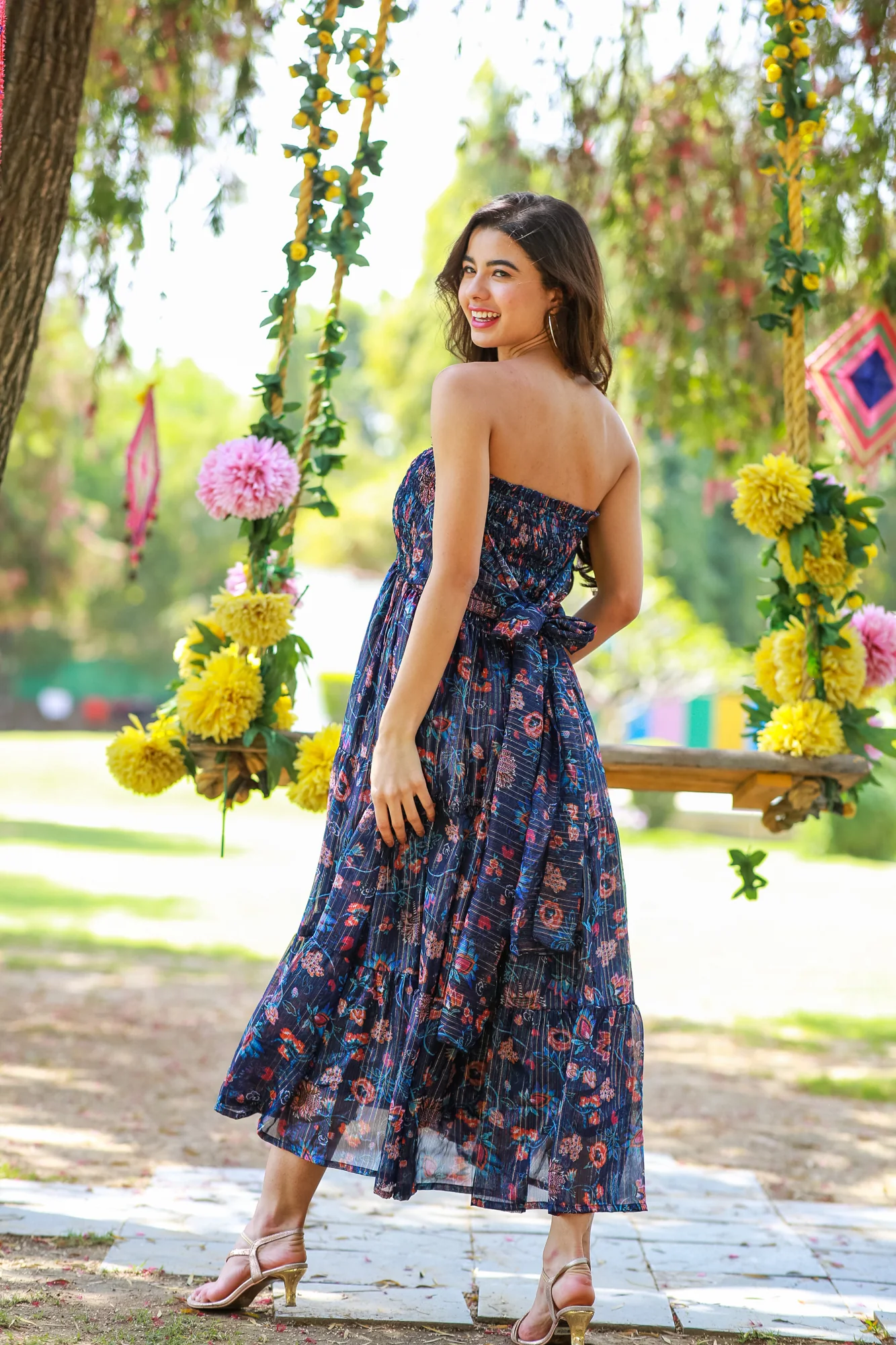 Midnight Chiffon Floral Maternity Off-Shoulder Frill Dress - Chenance