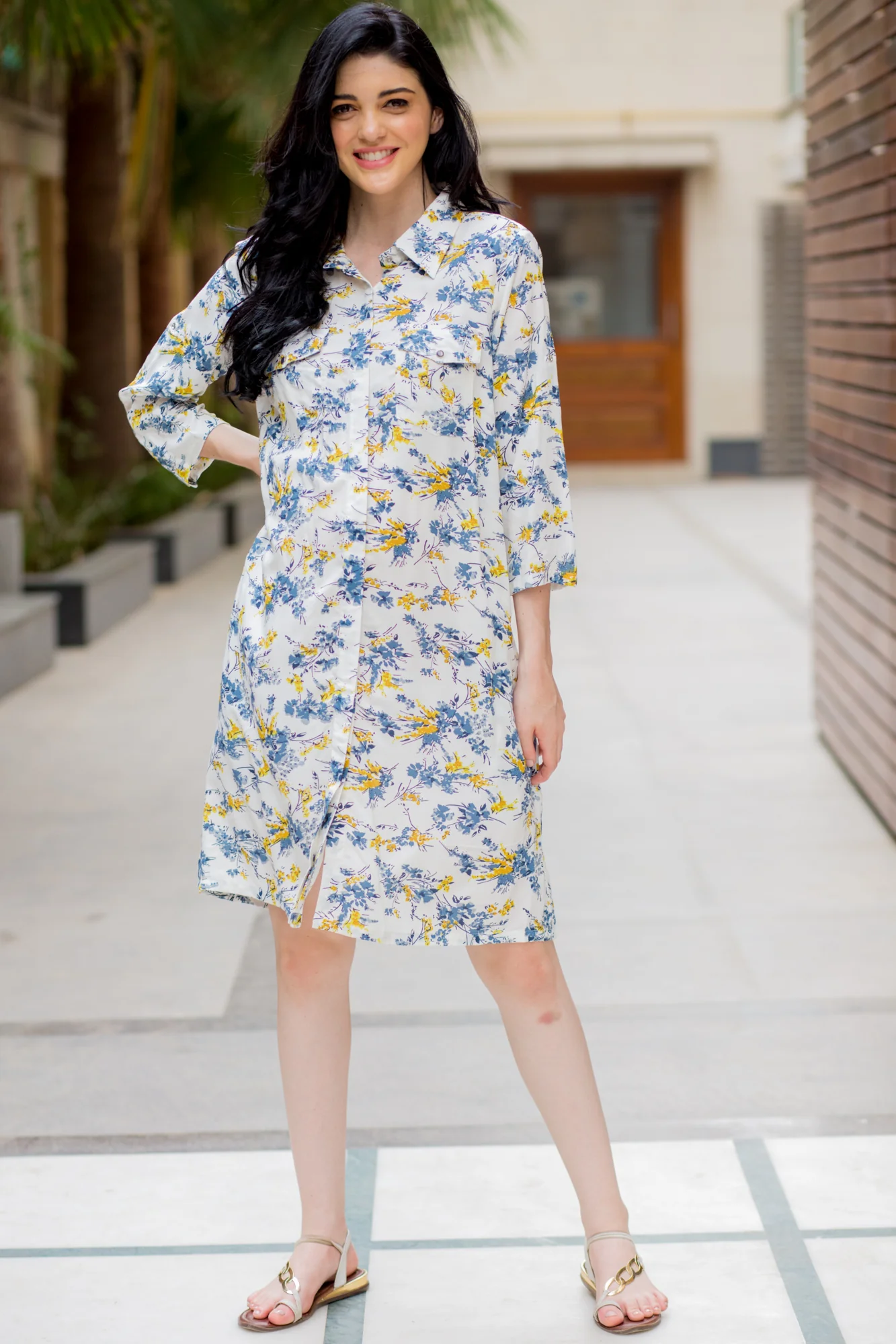 White Floral Maternity & Nursing Shirt Dress - Chenance
