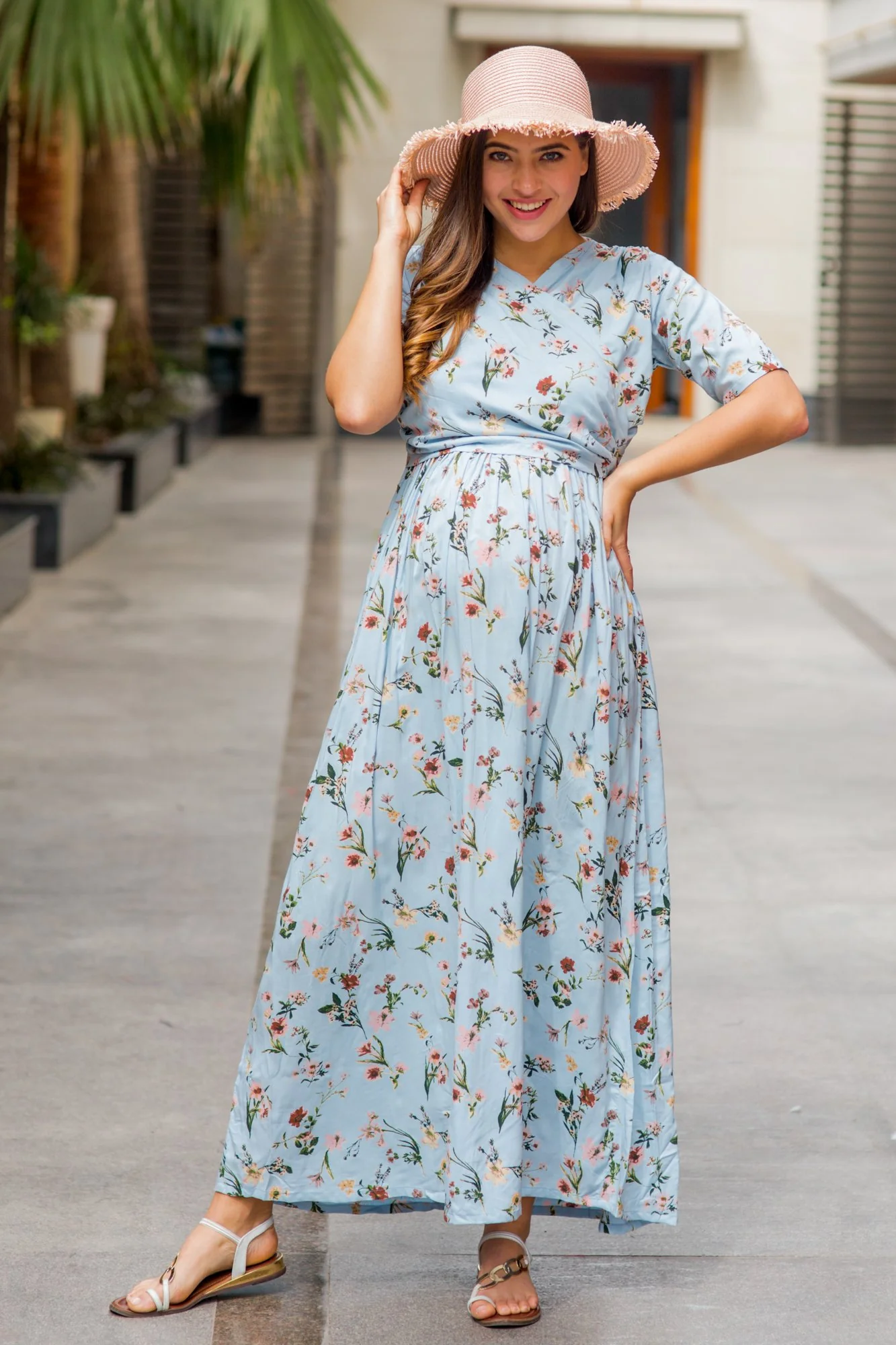 Pastel Blue Blossom Maternity & Nursing Wrap Dress - Chenance