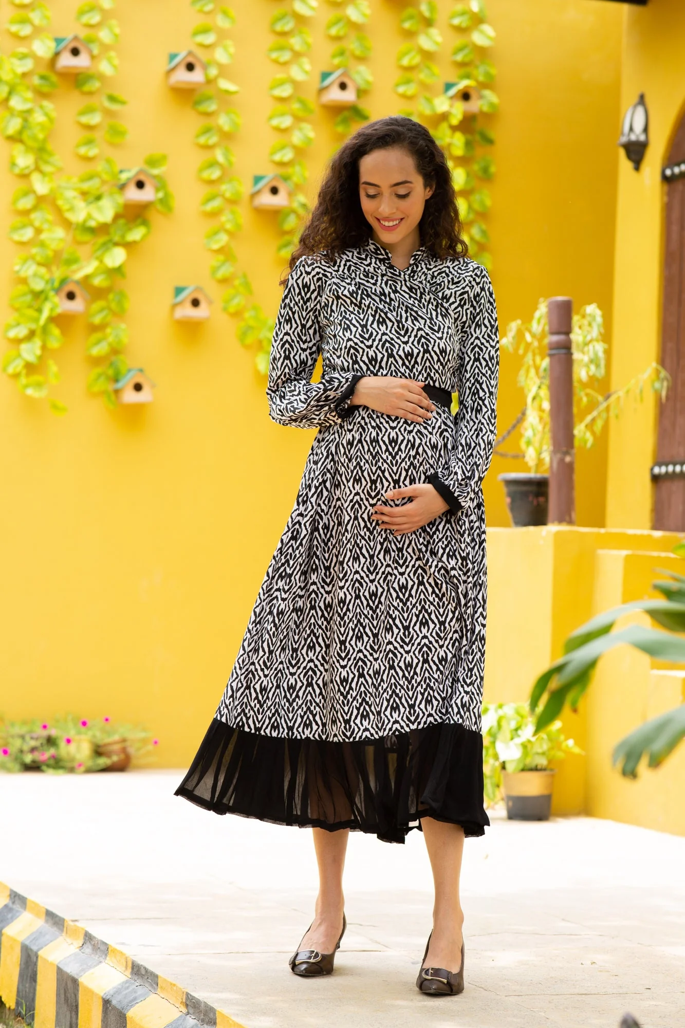 Premium Ebony Abstract Maternity & Nursing Wrap Dress - Chenance