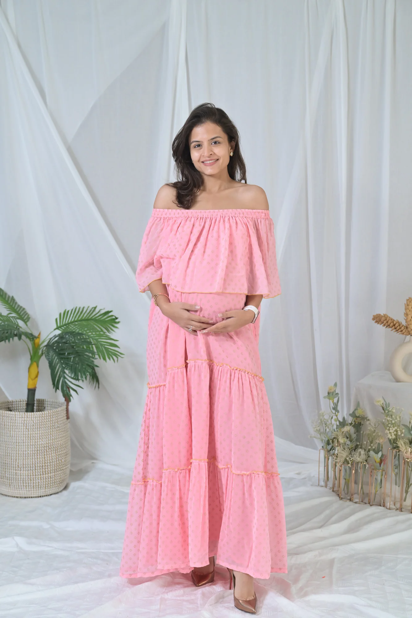 Elegant Peach Love Off-Shoulder Maternity Maxi Dress - Chenance
