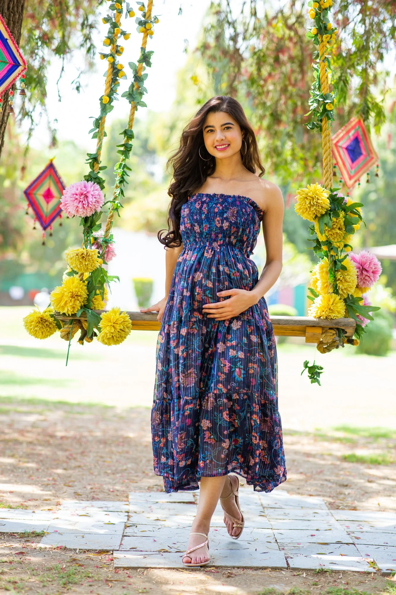 Midnight Chiffon Floral Maternity Off-Shoulder Frill Dress - Chenance