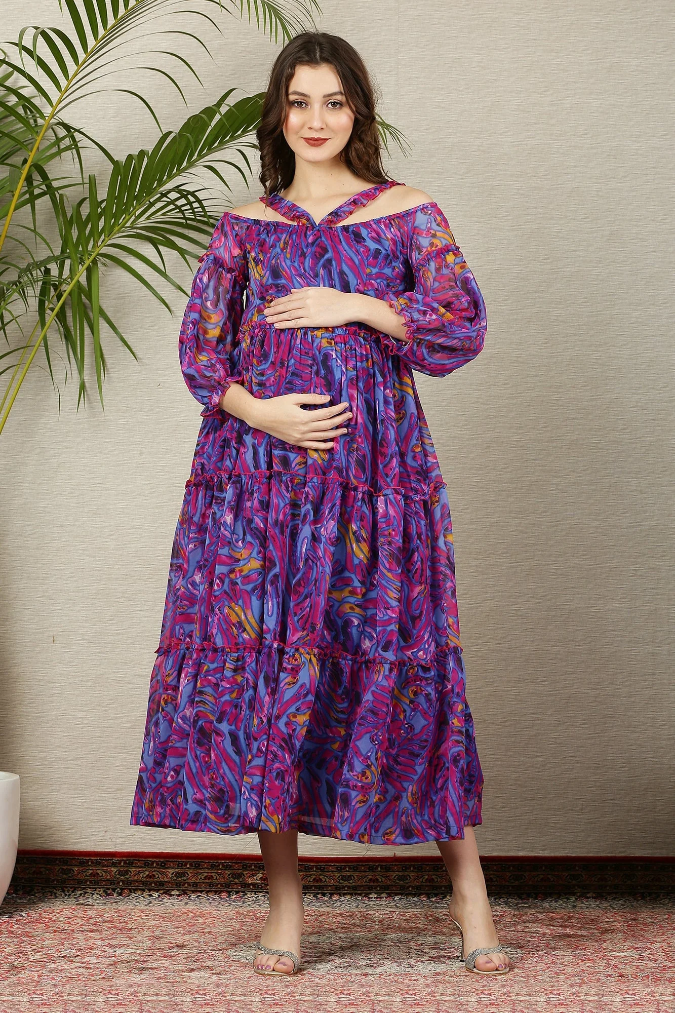 Petite Purple Wave Chiffon Halter Maternity & Nursing Frill Dress - Chenance