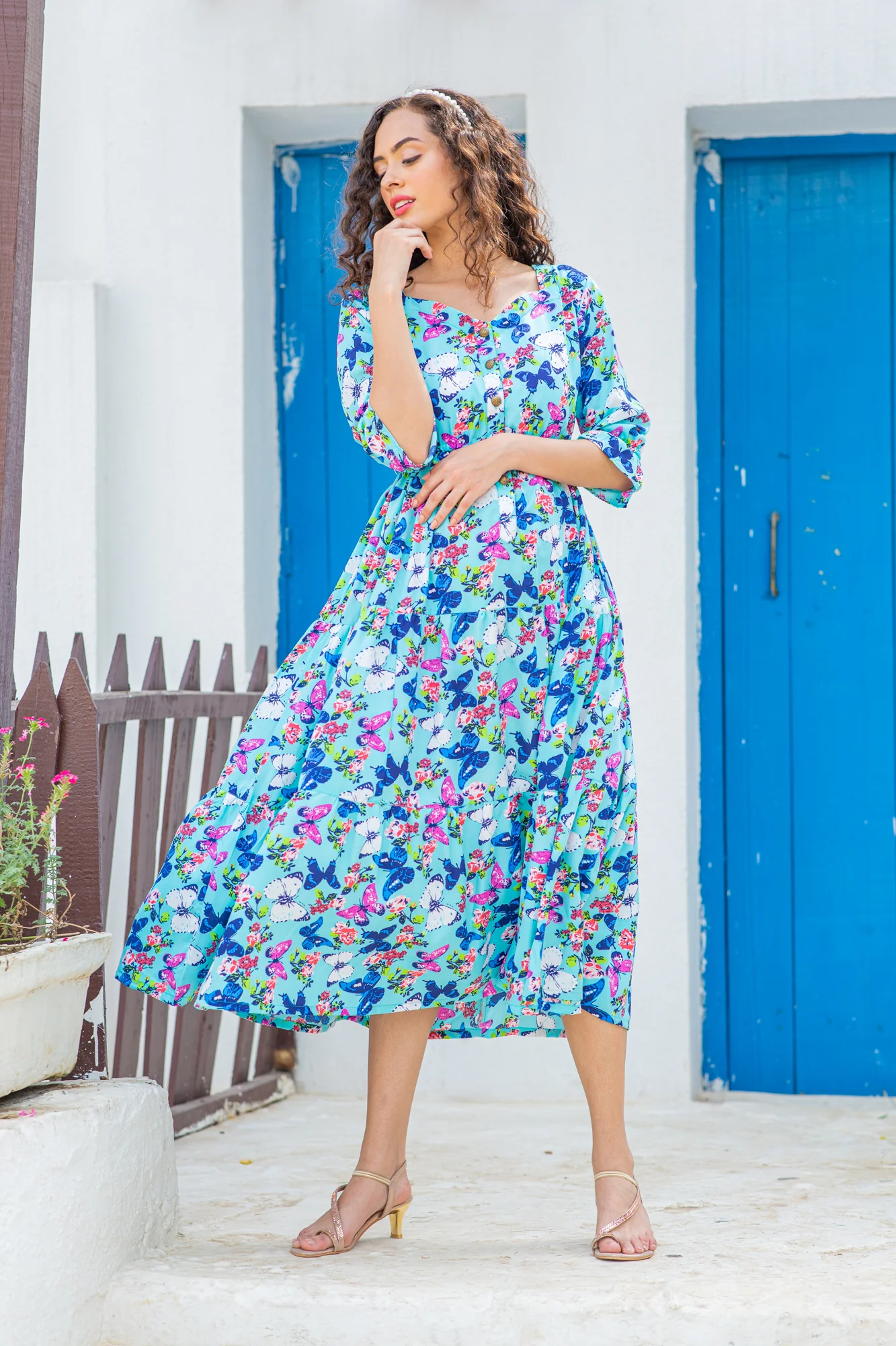 Vibrant Flowy Aqua Crepe Maternity & Nursing Dress - Chenance