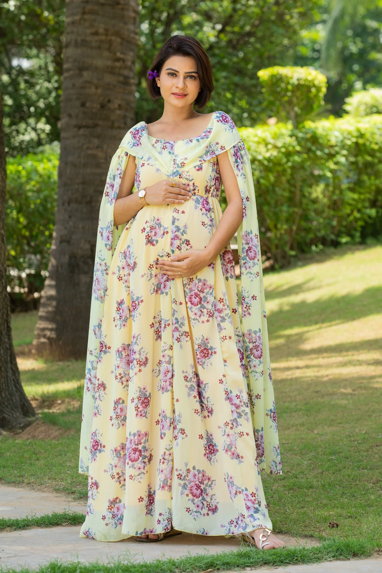 Canary Floral Flying Sleeves Maternity & Nursing Dress - Chenance