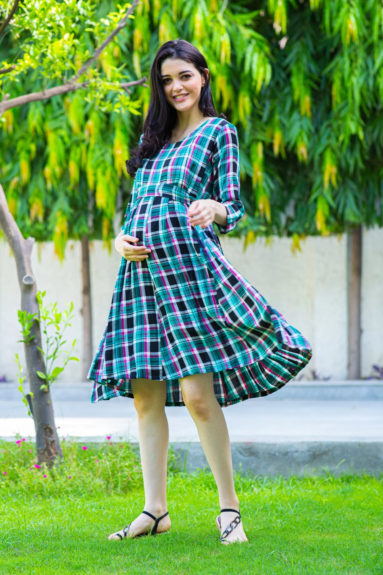 Blue Pink Concealed Zips Maternity and Nursing Dress - Chenance