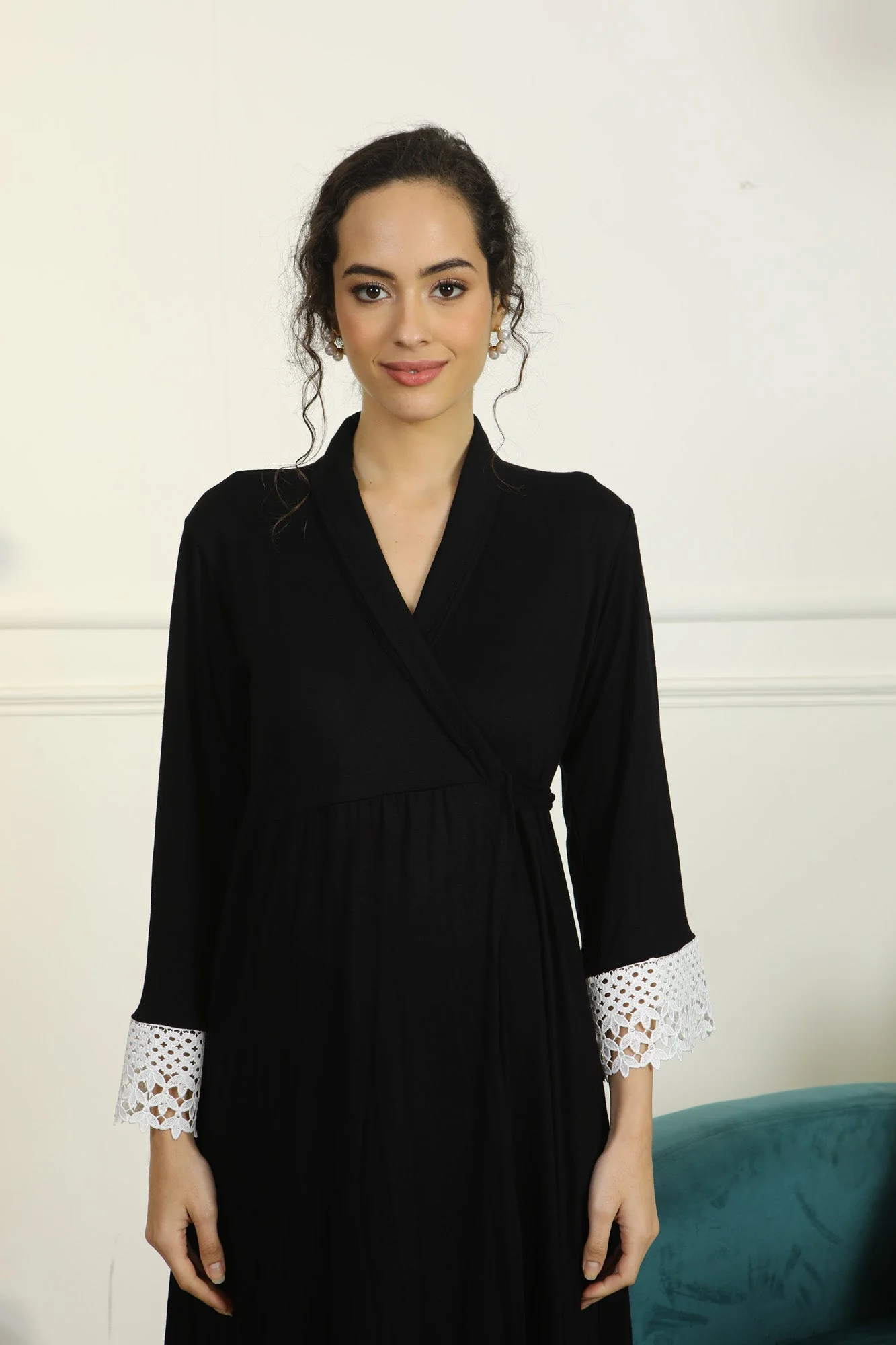 Royal Black Lycra Maternity & Nursing Wrap Nightwear Dress/ Hospital Gown/ Delivery Robes - Chenance