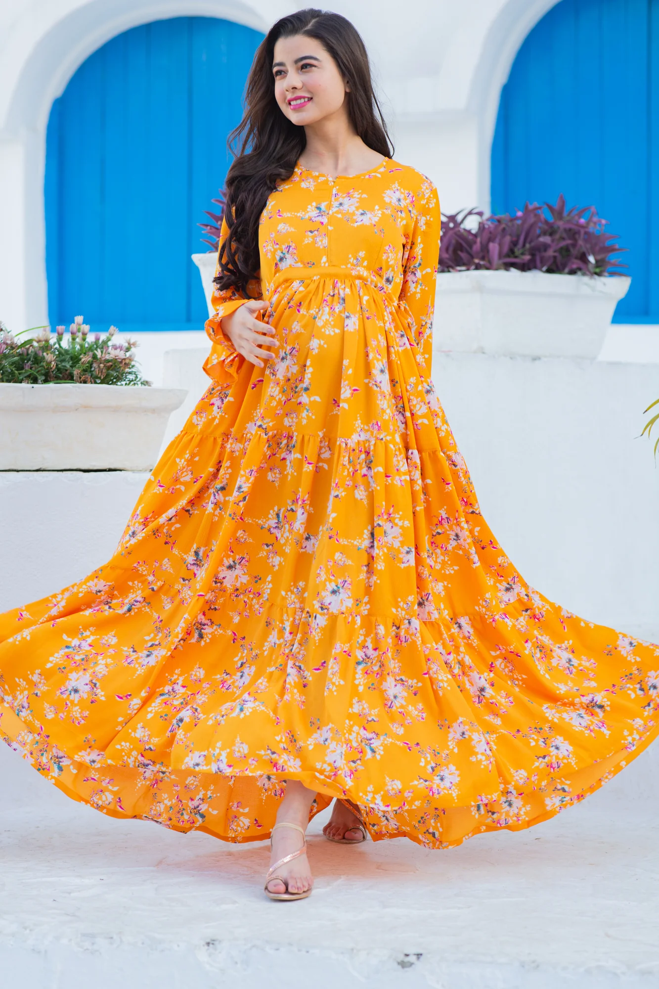Flowy Sunshine Floral Maternity & Nursing Layer Dress - Chenance