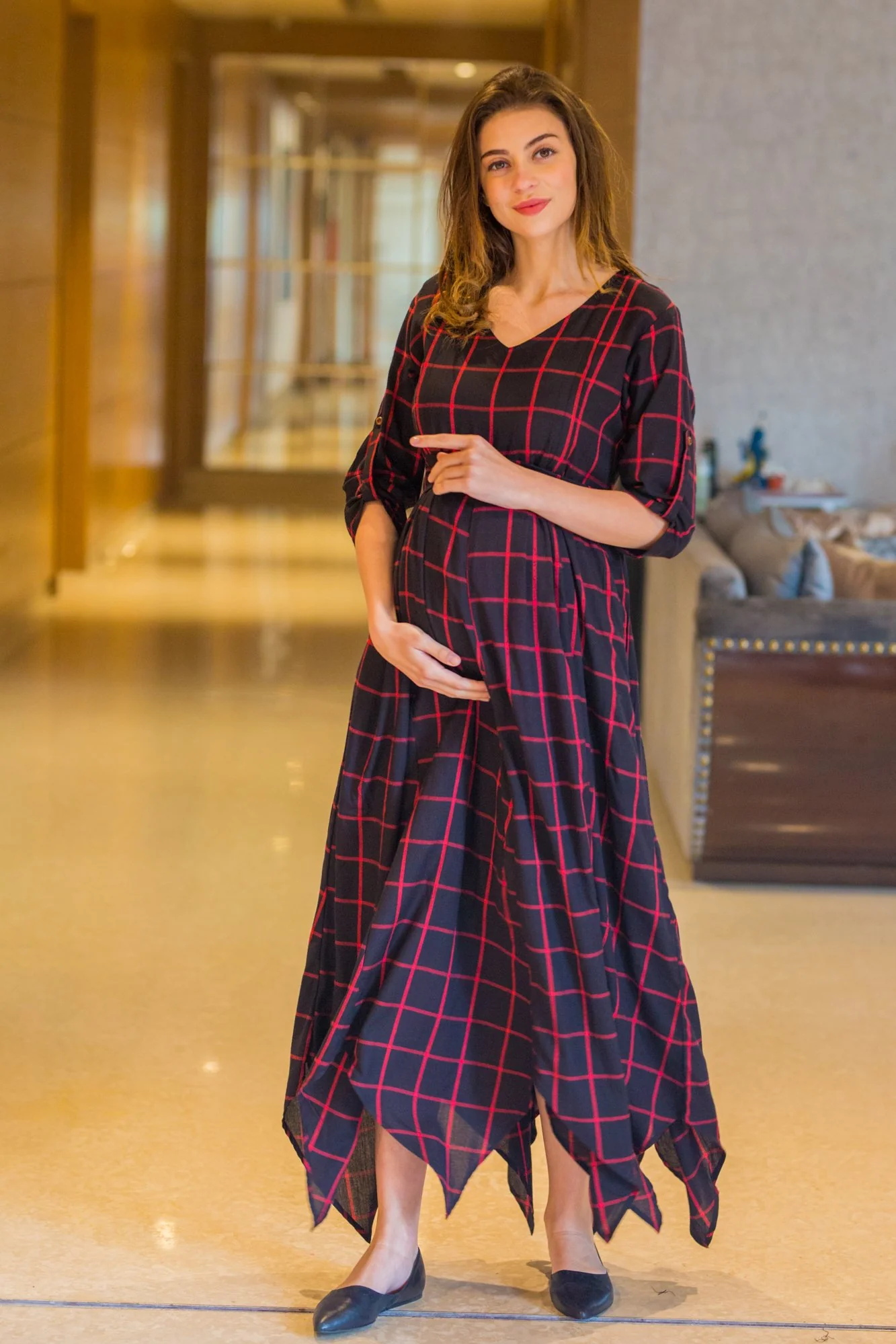 Elegance Check Maternity & Nursing Maxi Dress - Chenance