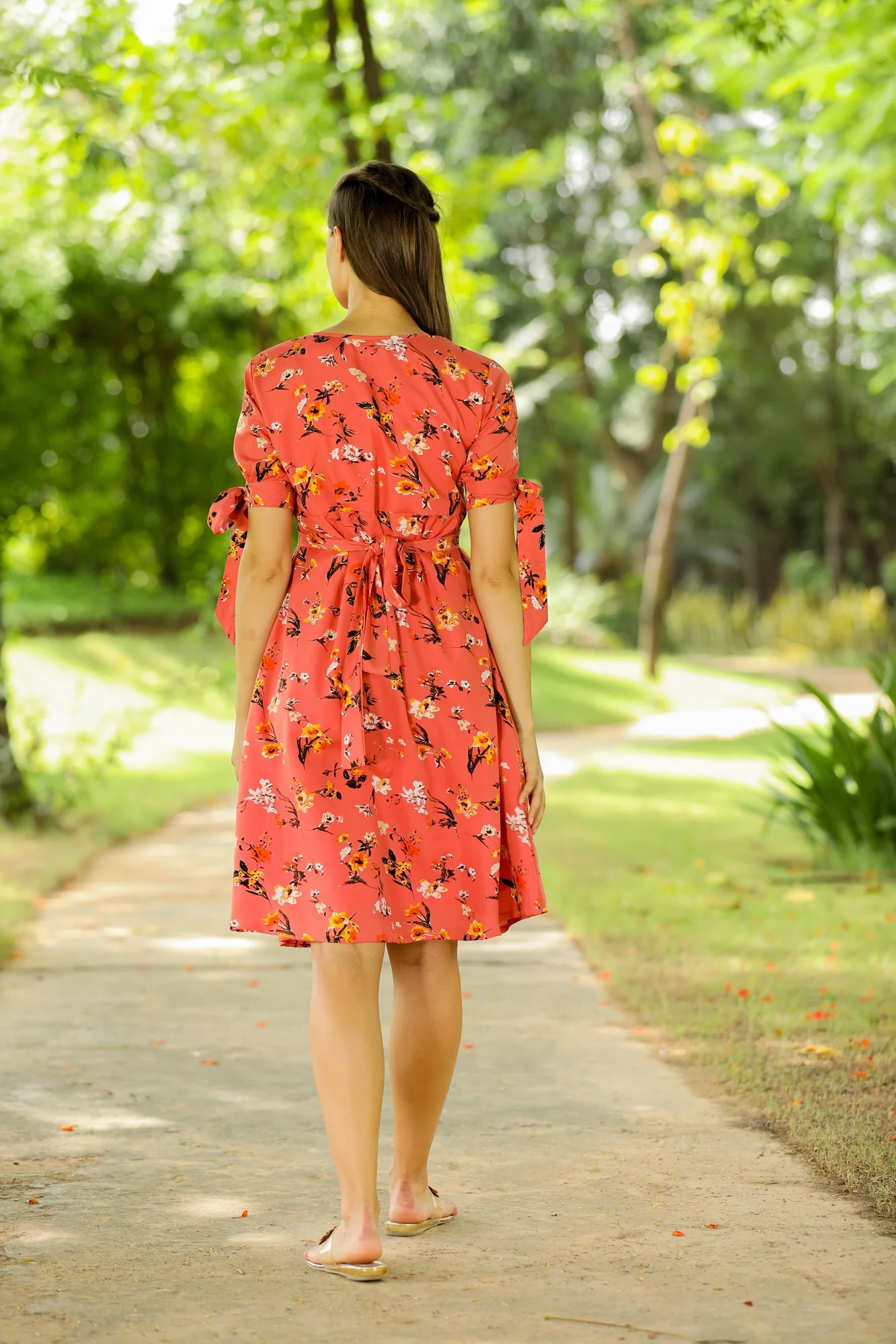 Orange Side Ties Maternity & Nursing Dress - Chenance