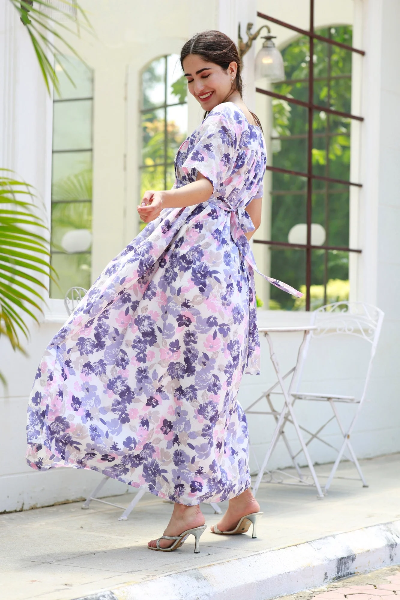 Restful Lavender Floral Maternity & Nursing Concealed Zips Night Dress - Chenance