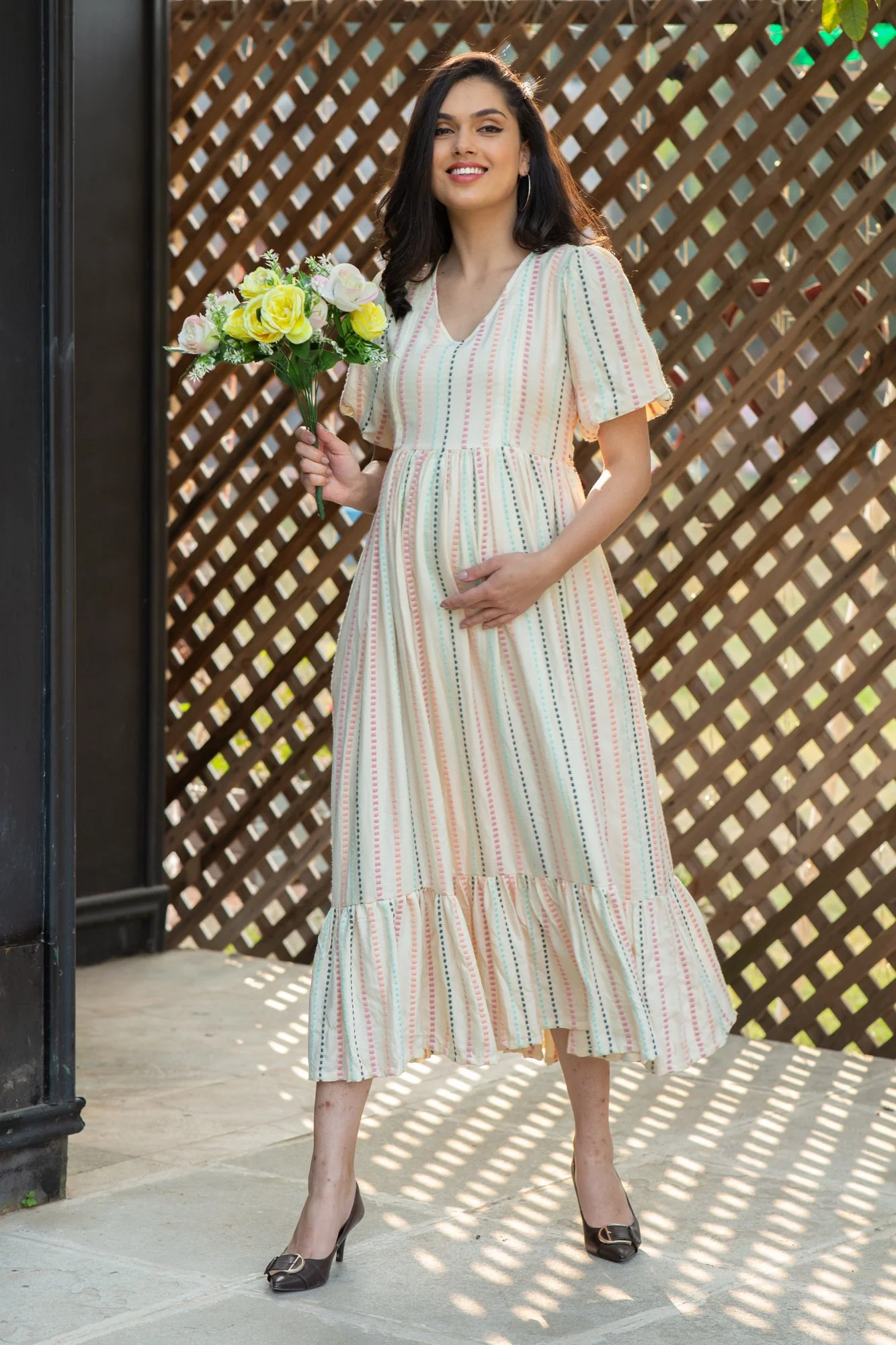 Off White Salmon Striped Long Maternity & Nursing Dress - Chenance