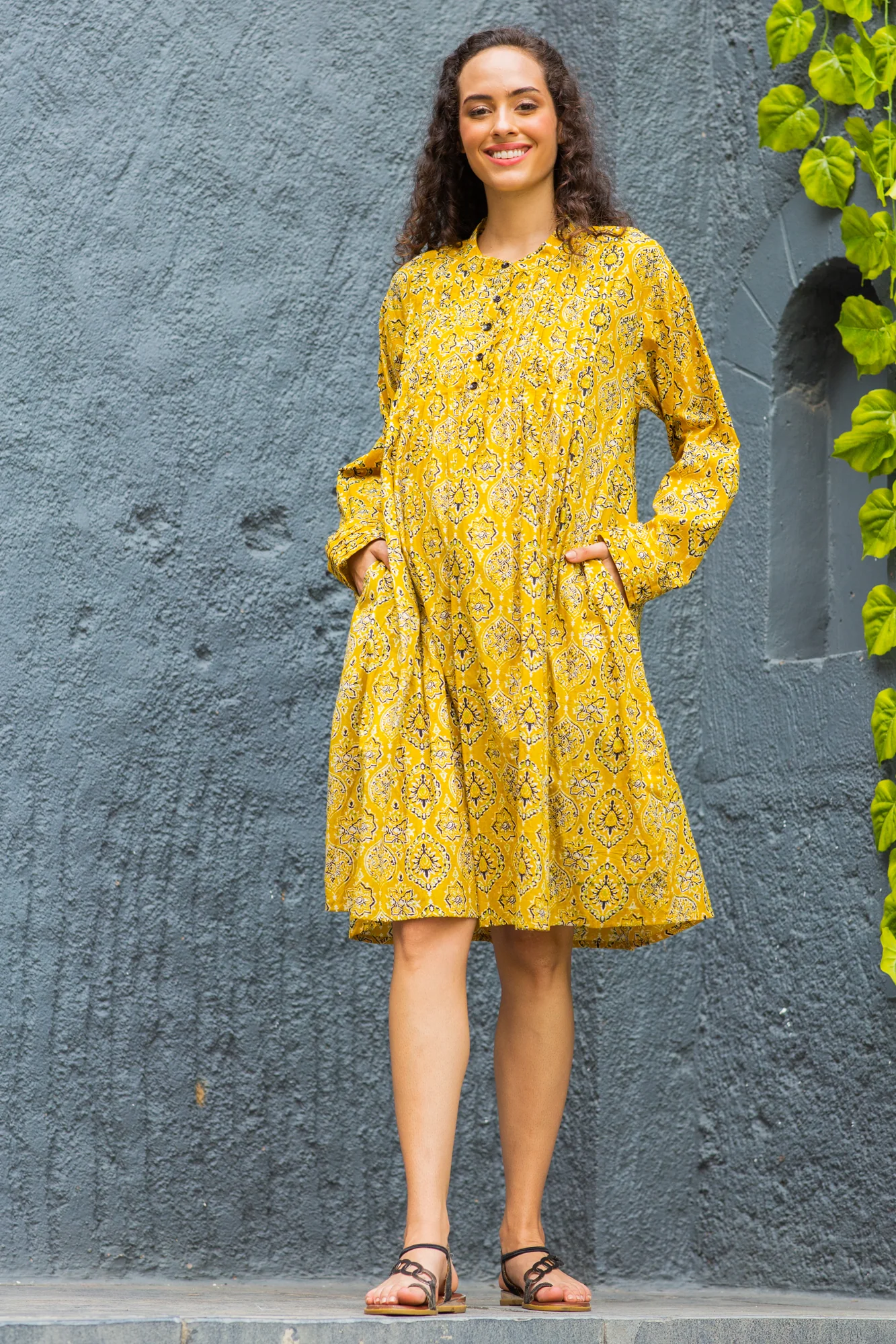 Chic Mustard Blossom Maternity & Nursing Pintucks Knee Dress - Chenance