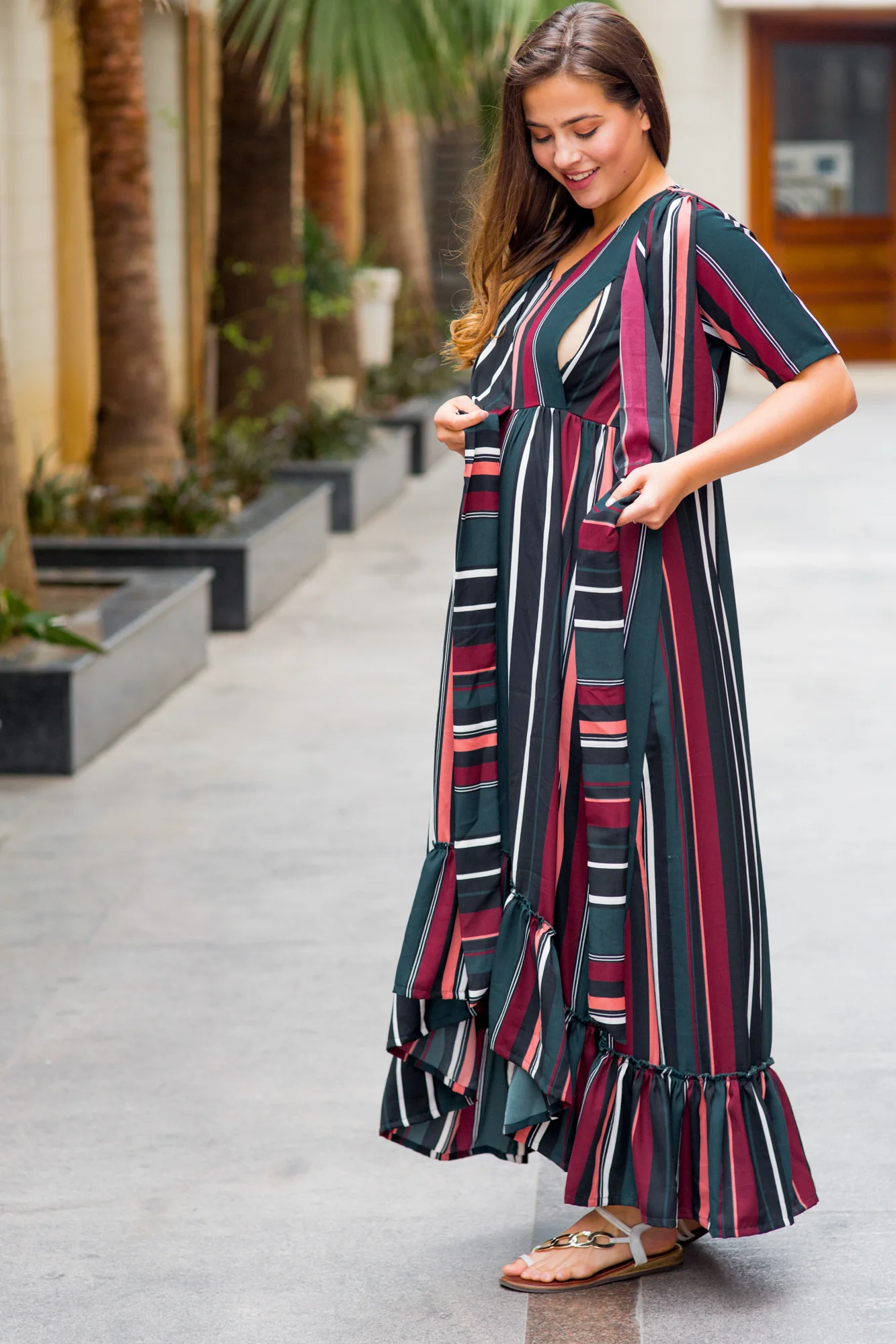 Royal Multi Striped Maternity & Nursing Wrap Dress - Chenance