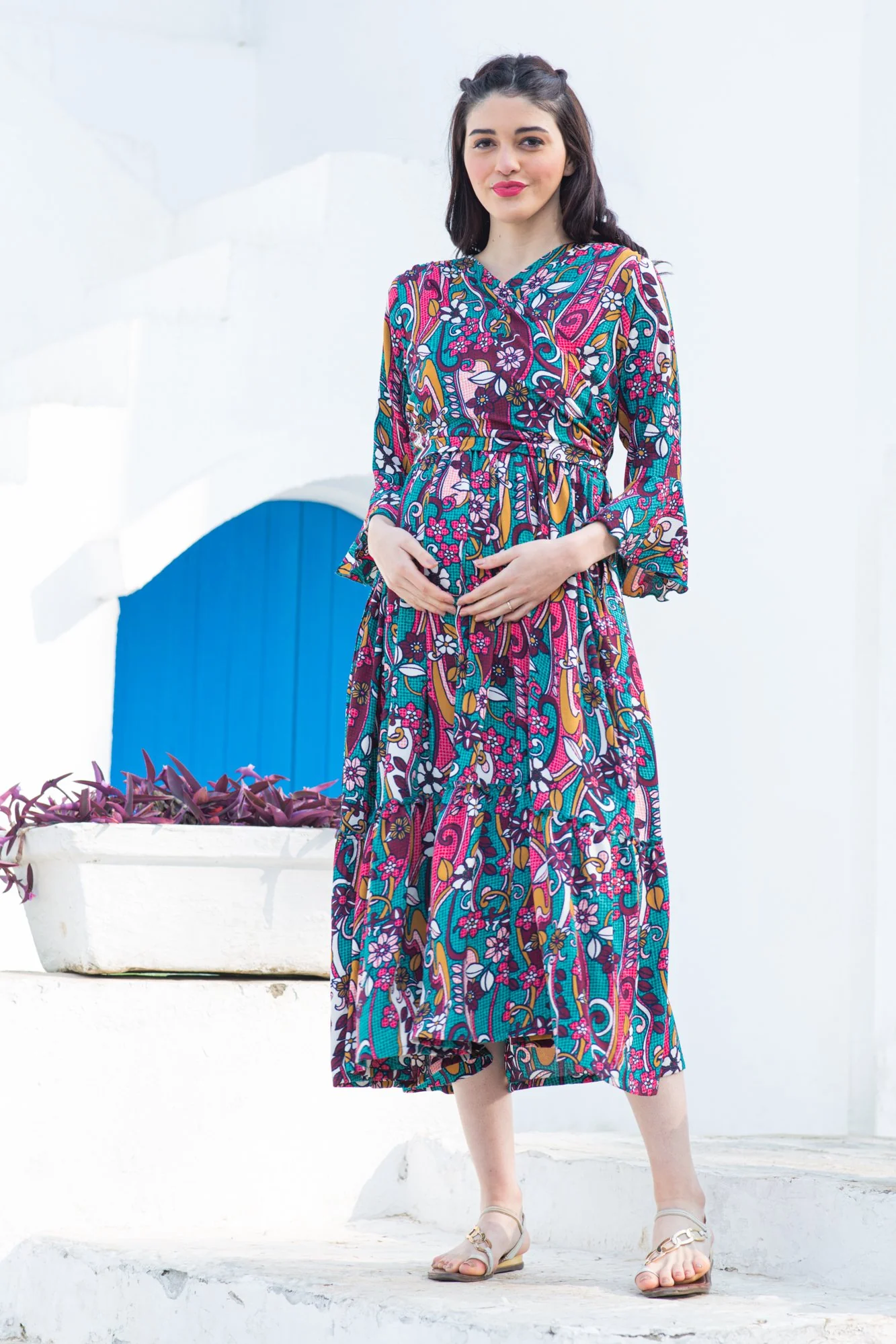 Boho Flower Frill Maternity & Nursing Midi Wrap Dress - Chenance