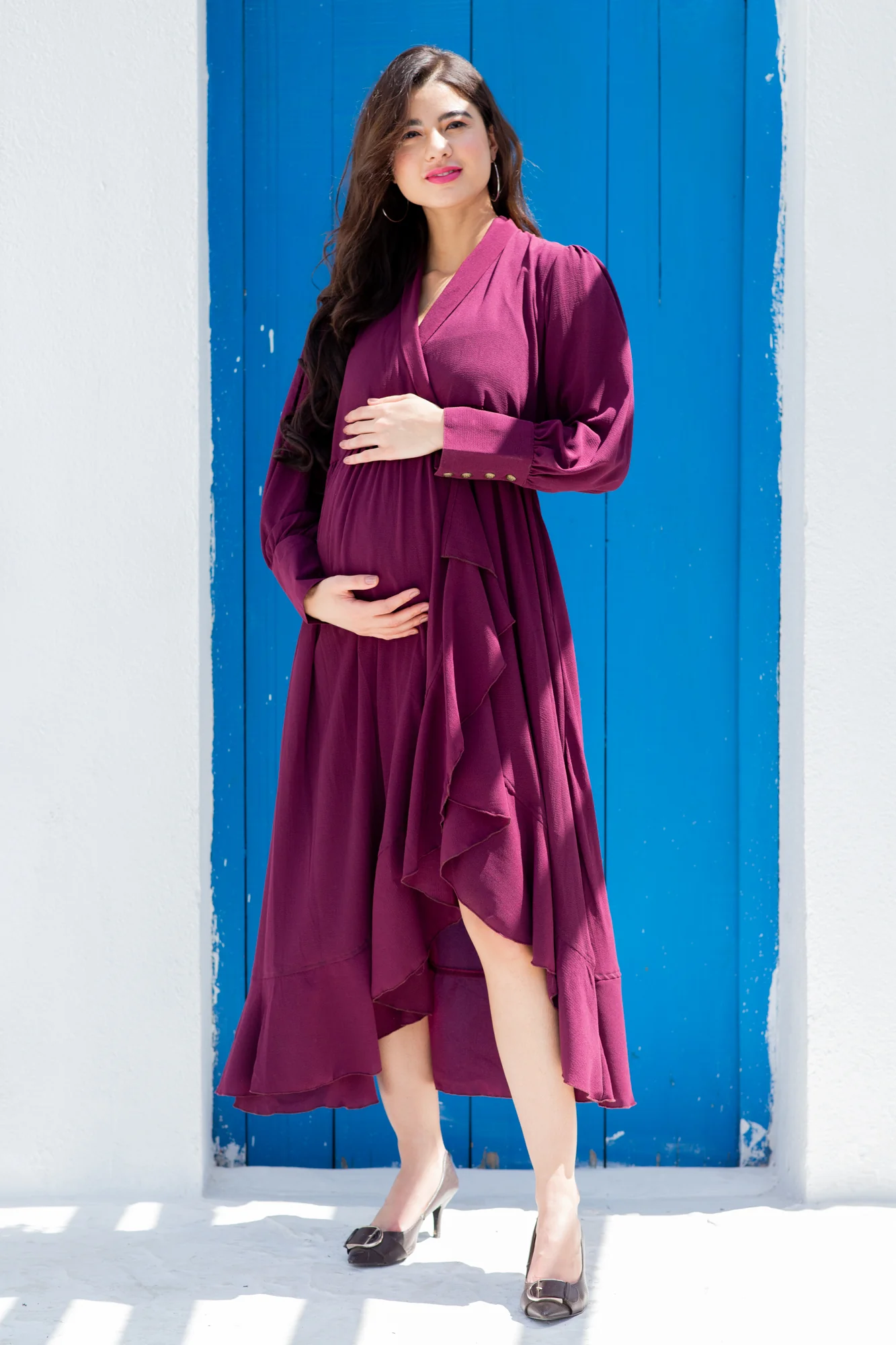 Pretty Wine Maternity & Nursing Hi-Low Frill Dress - Chenance