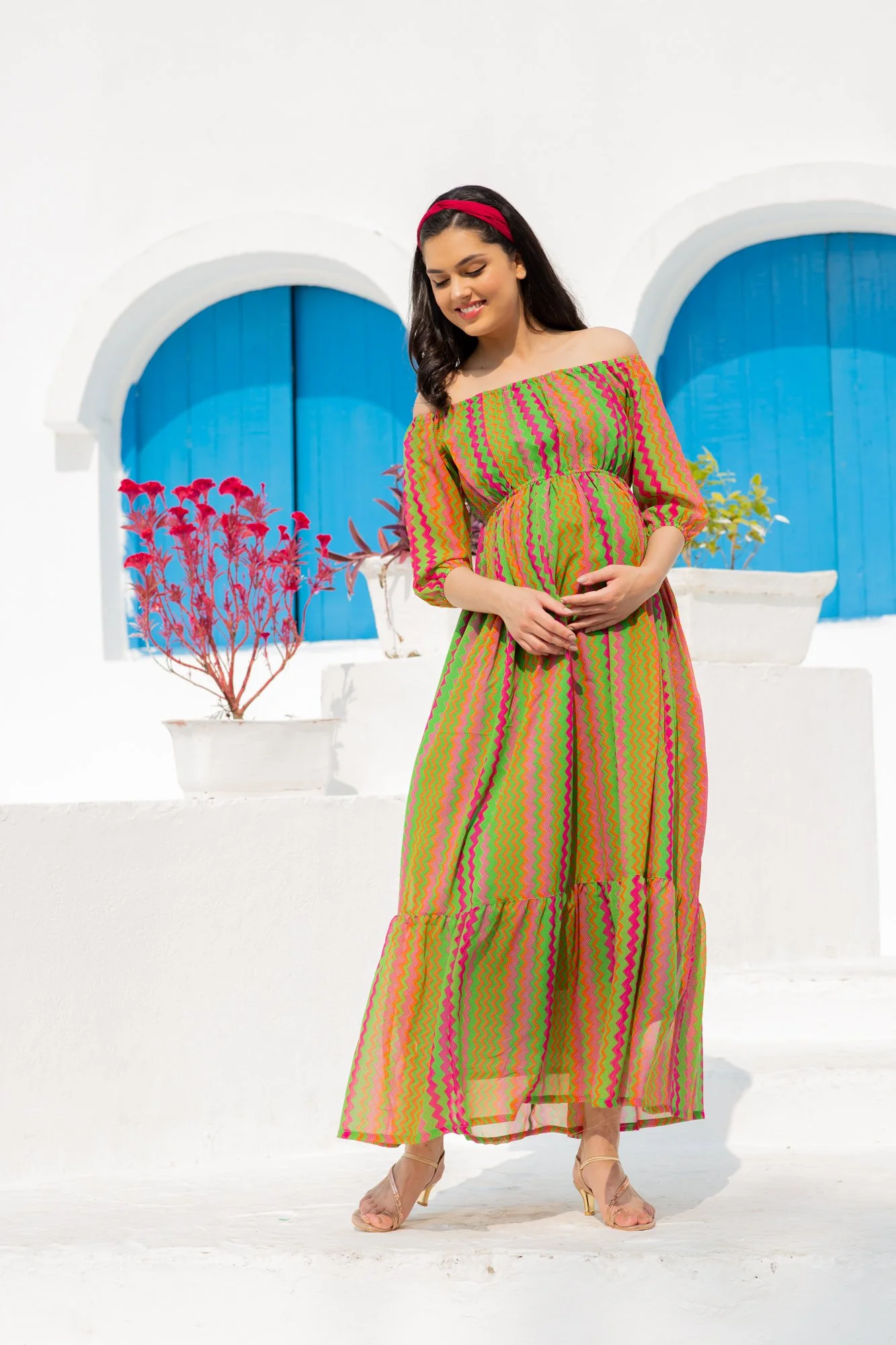 Flowy Dual Off-Shoulder Boat Neck Maternity & Nursing Maxi Dress - Chenance