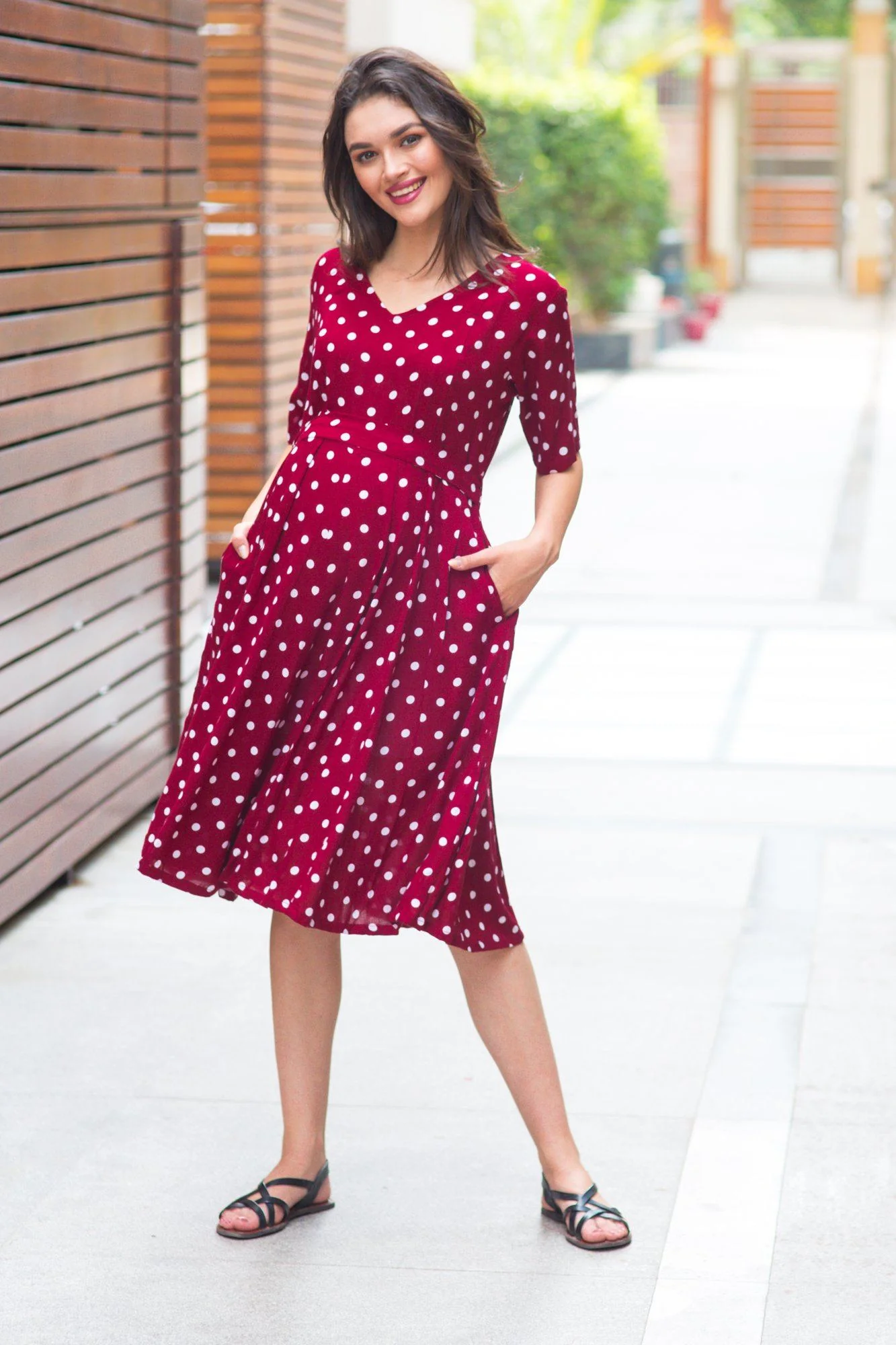 Burgundy Polka Maternity & Nursing Dress - Chenance