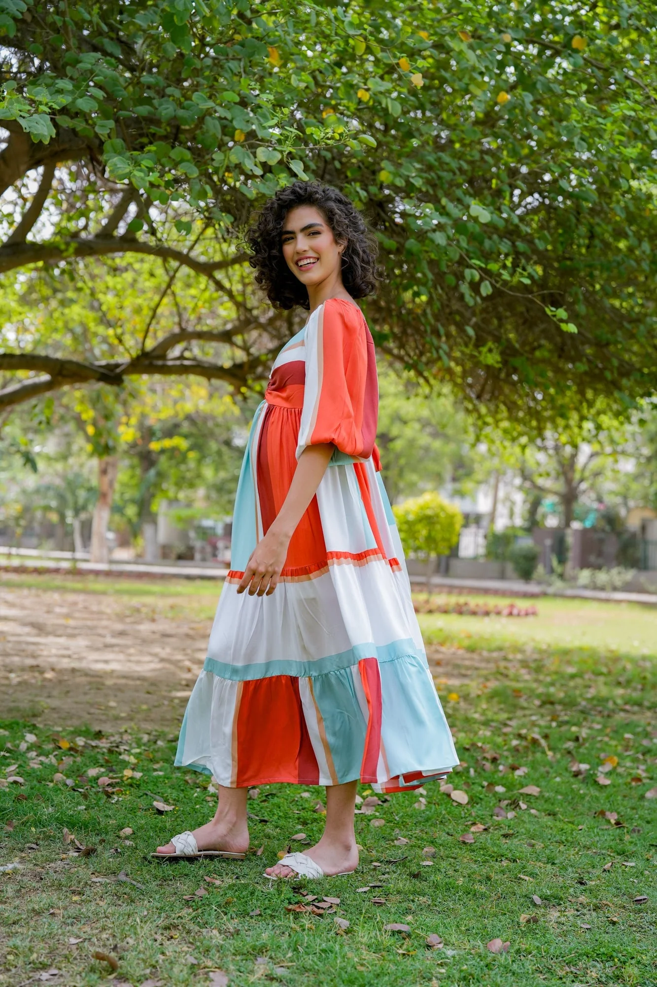 Cascading Retro Rust Ice Blue Striped Maternity Gathered Dress (100% Cotton) - Chenance