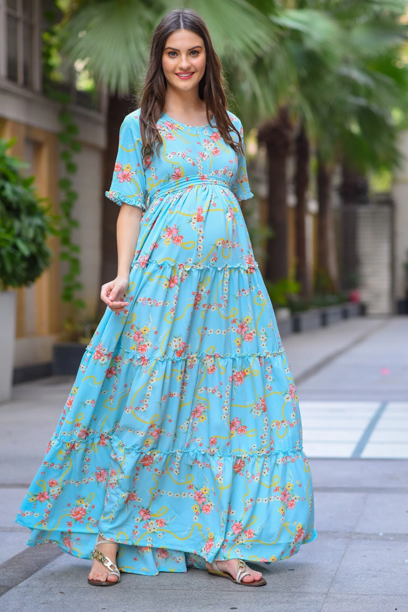 Hawaii Blue Frill Maternity & Nursing Dress - Chenance