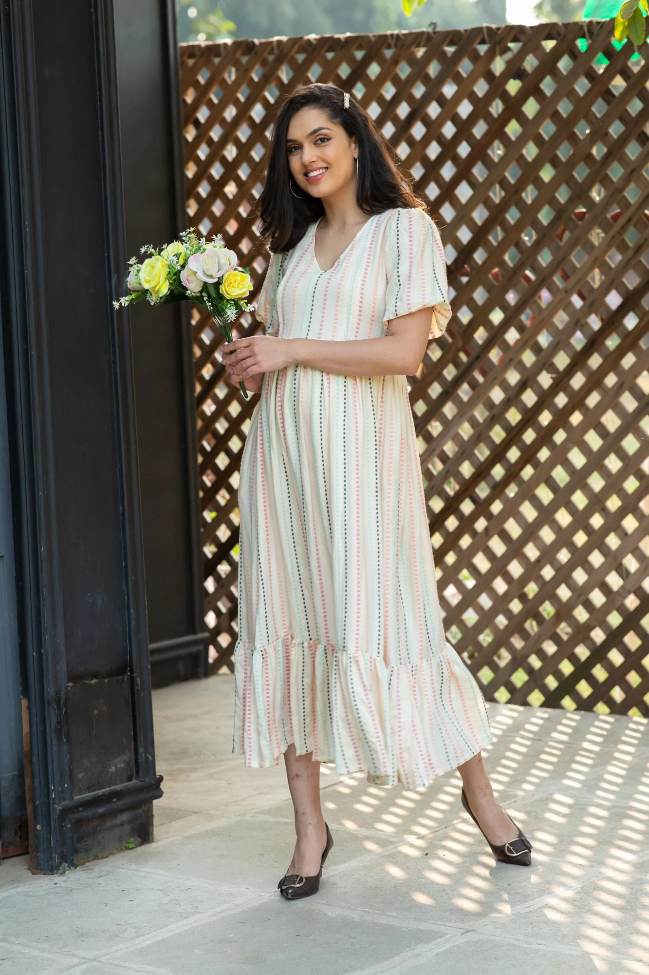 Off White Salmon Striped Long Maternity & Nursing Dress - Chenance