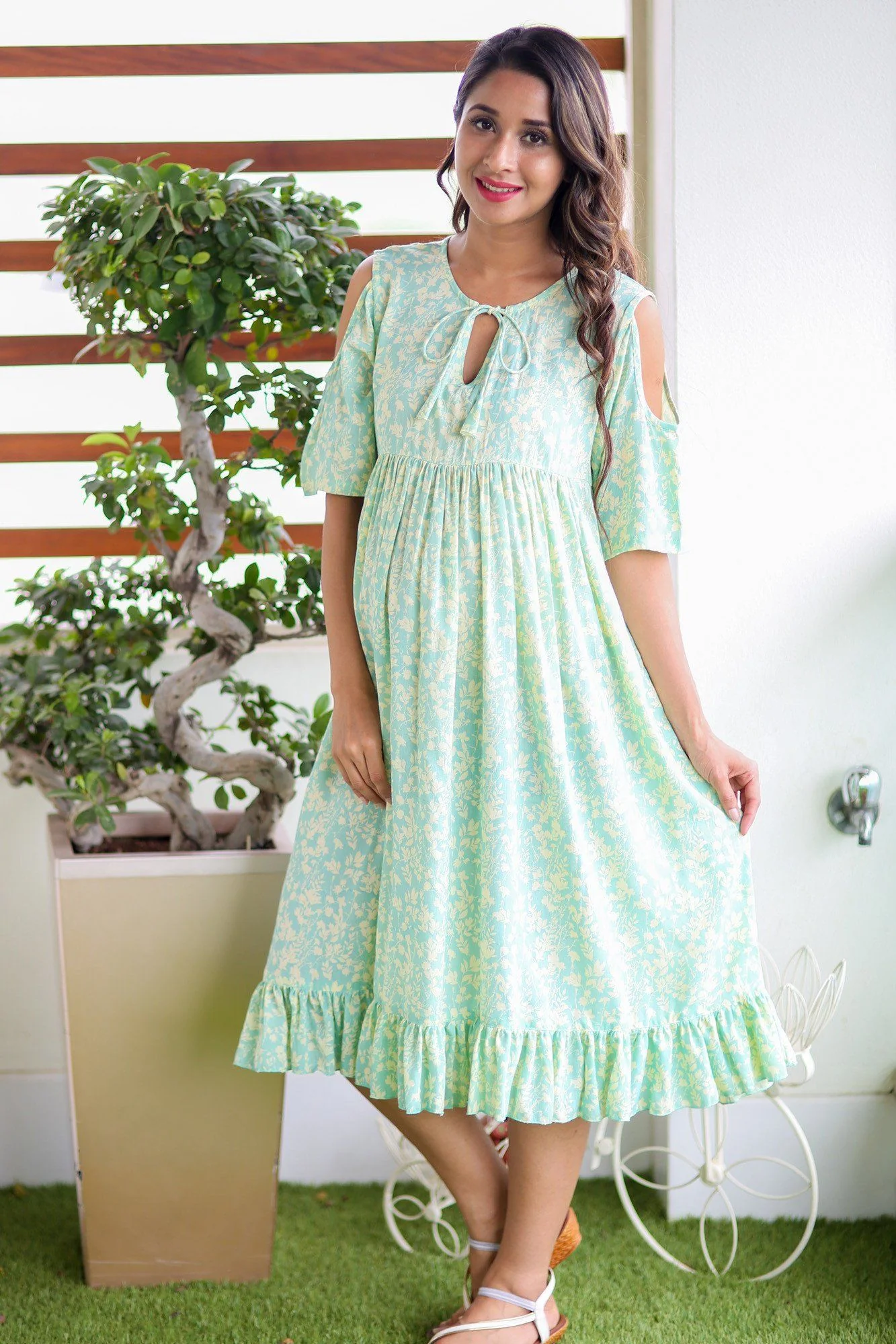 Mint Green Cold Shoulder Frill Maternity Dress - Chenance