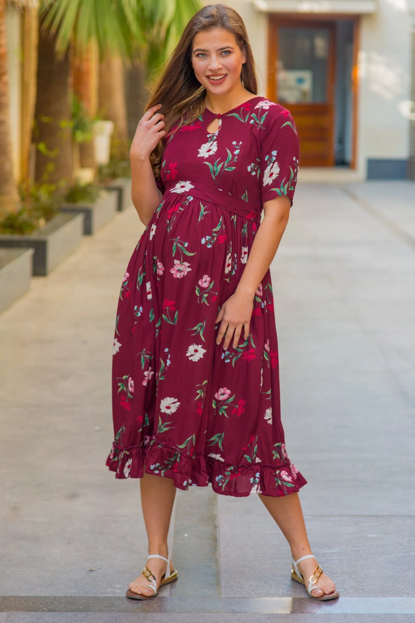 Berry Floral Frill Crepe Concealed Zips Maternity & Nursing Dress - Chenance