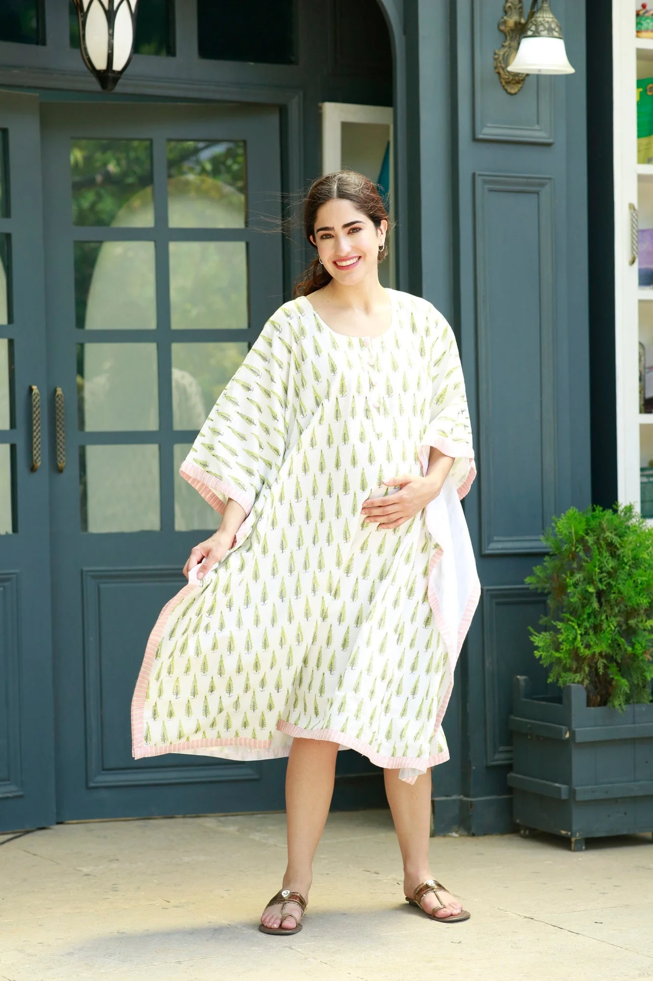 Elegant Olive Maternity & Nursing Kaftan (100% Cotton) - Chenance