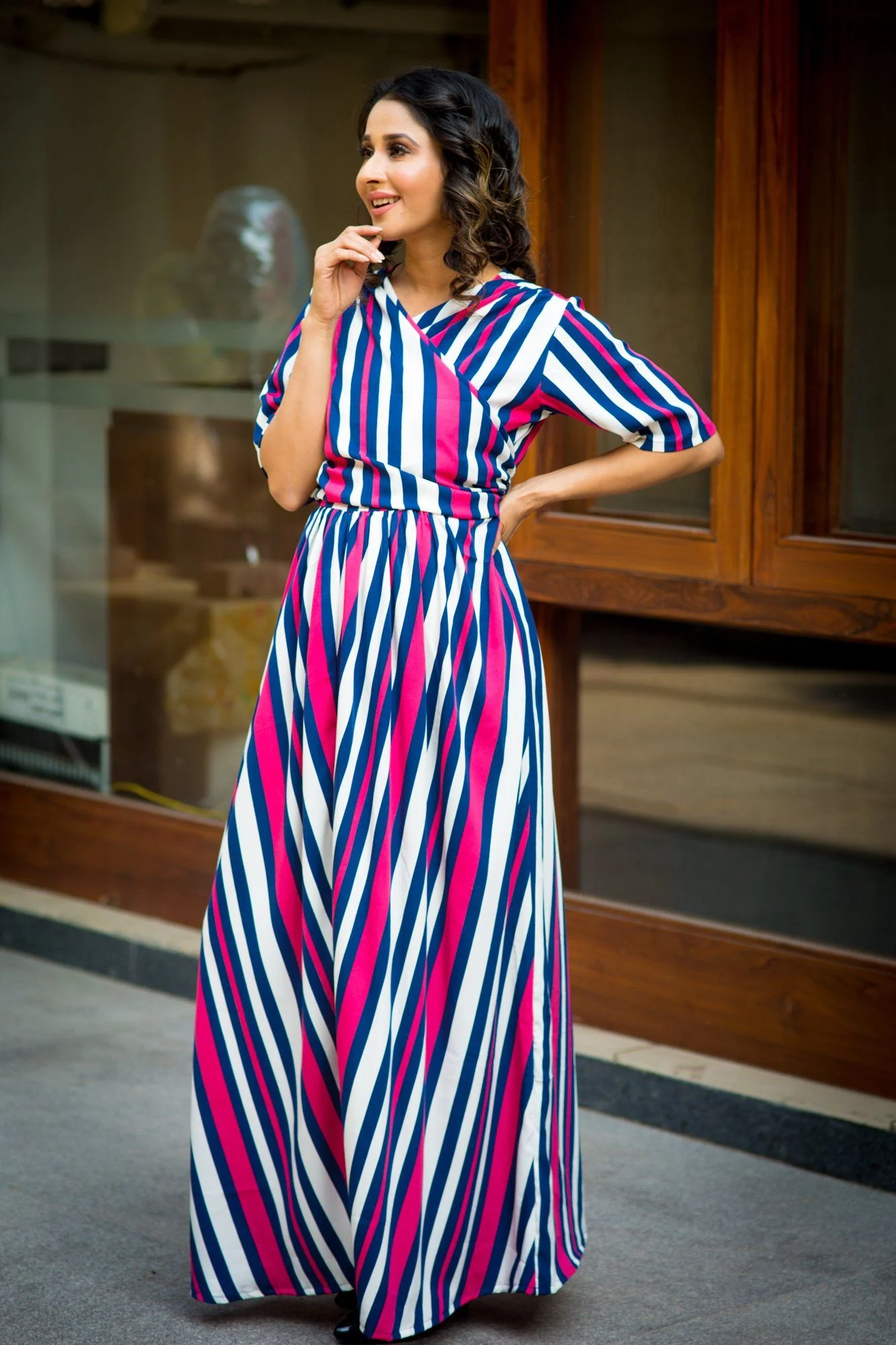 Royal Navy Magenta Striped Maternity & Nursing Wrap Dress - Chenance