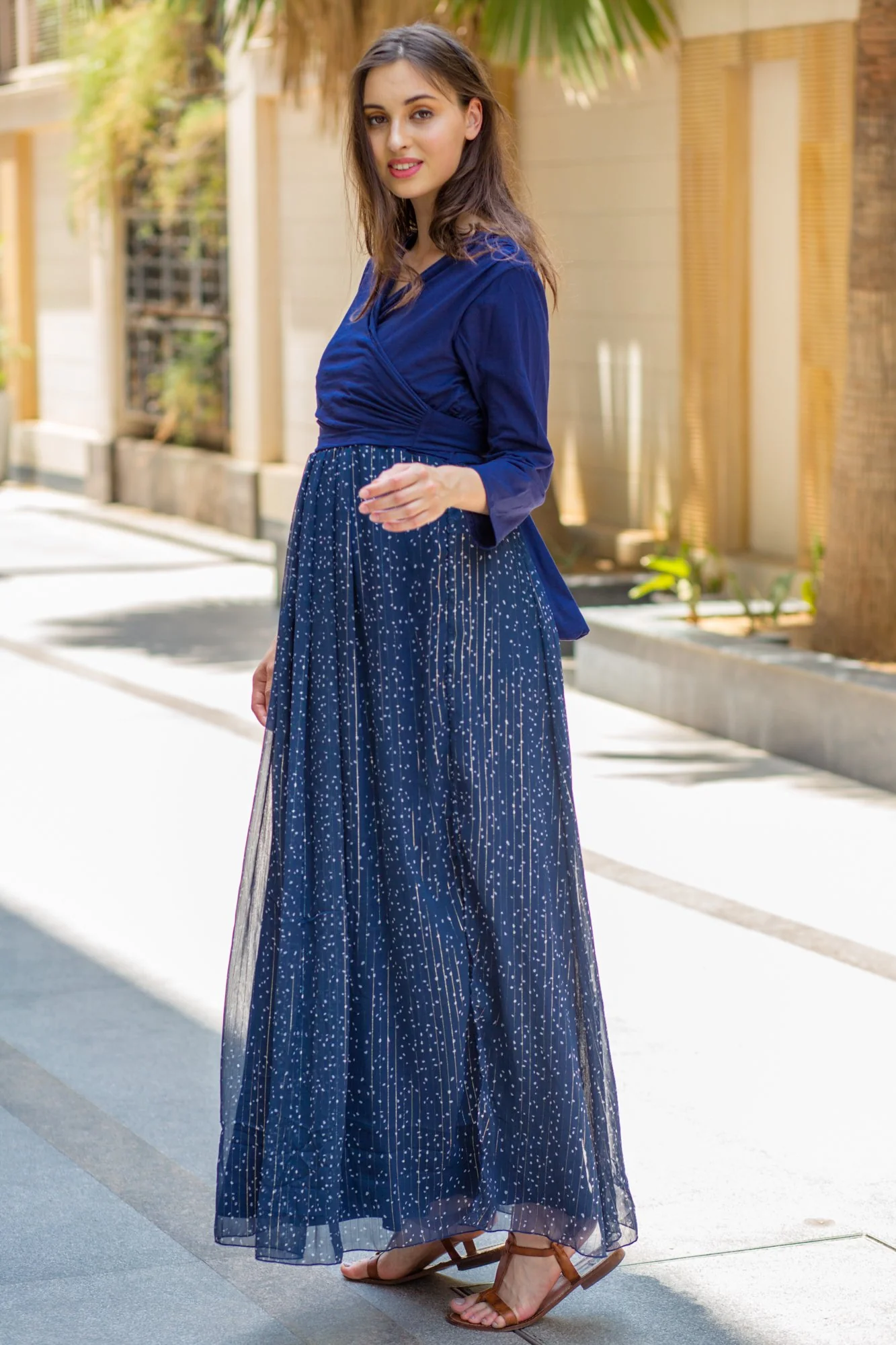 Luxe Blue Chiffon Navy Maternity & Nursing Wrap Dress - Chenance